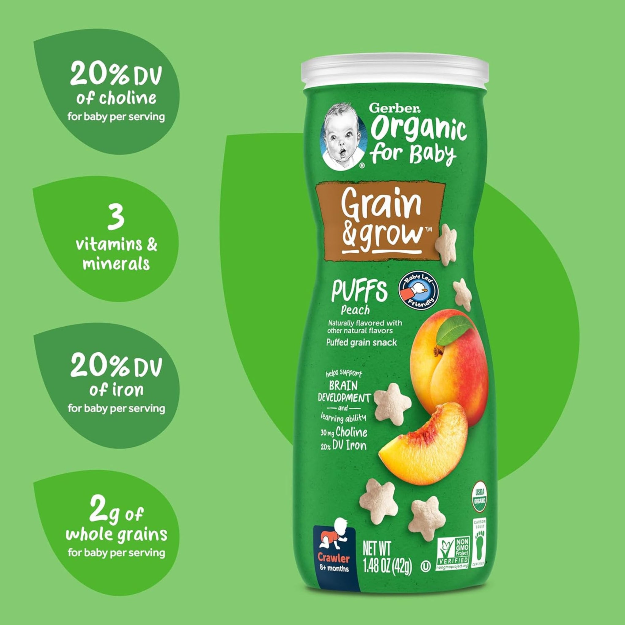 Gerber Baby Snacks, Organic Puffs, Peach, Baby Food, 1.48 OZ (42G)