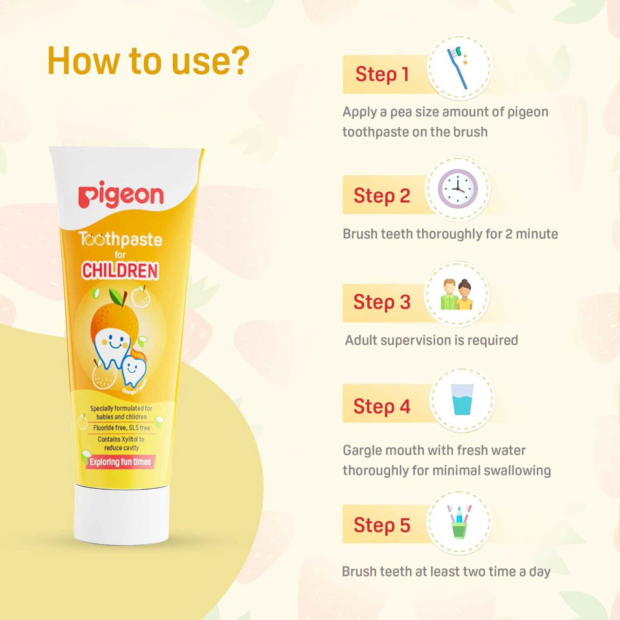 Pigeon Orange Toothpaste,For Babies And Children,Fluroide -Free,Sls Free,Color Free,Paraben Free, Ph Friendly, 45 G,Deep Clean