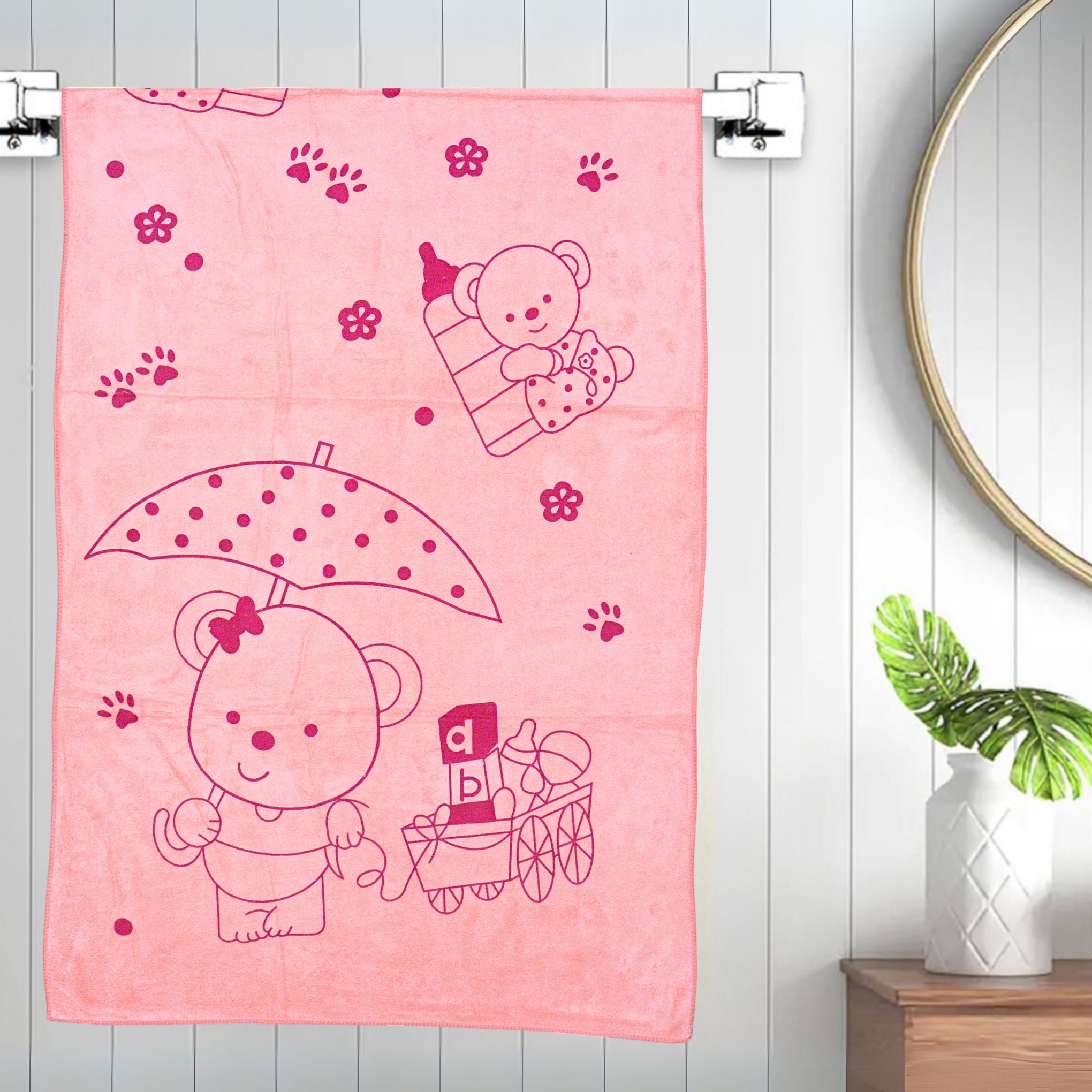 Smile Baby Kids Bath Towel For Girls Boys | Soft Premium Microfiber Quick Drying Towels for Unisex Kids | Cartoon Print Wash Dry Cloth Towel For Babies Toddlers, Pack Of 1, 70 x 140 CM, Teddy Prints