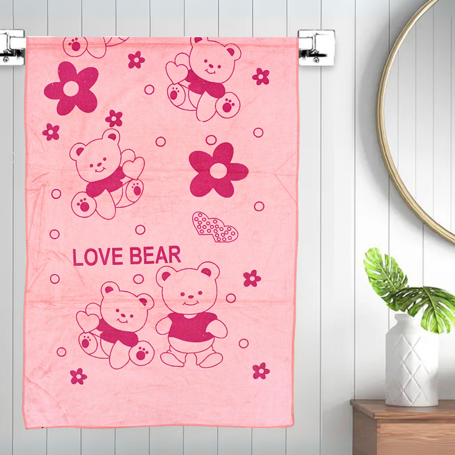 Smile Baby Kids Bath Towel For Girls Boys | Soft Premium Microfiber Quick Drying Towels for Unisex Kids | Cartoon Print Wash Dry Cloth Towel For Babies Toddlers, Pack Of 1, 70 x 140 CM, Love Bear Prints