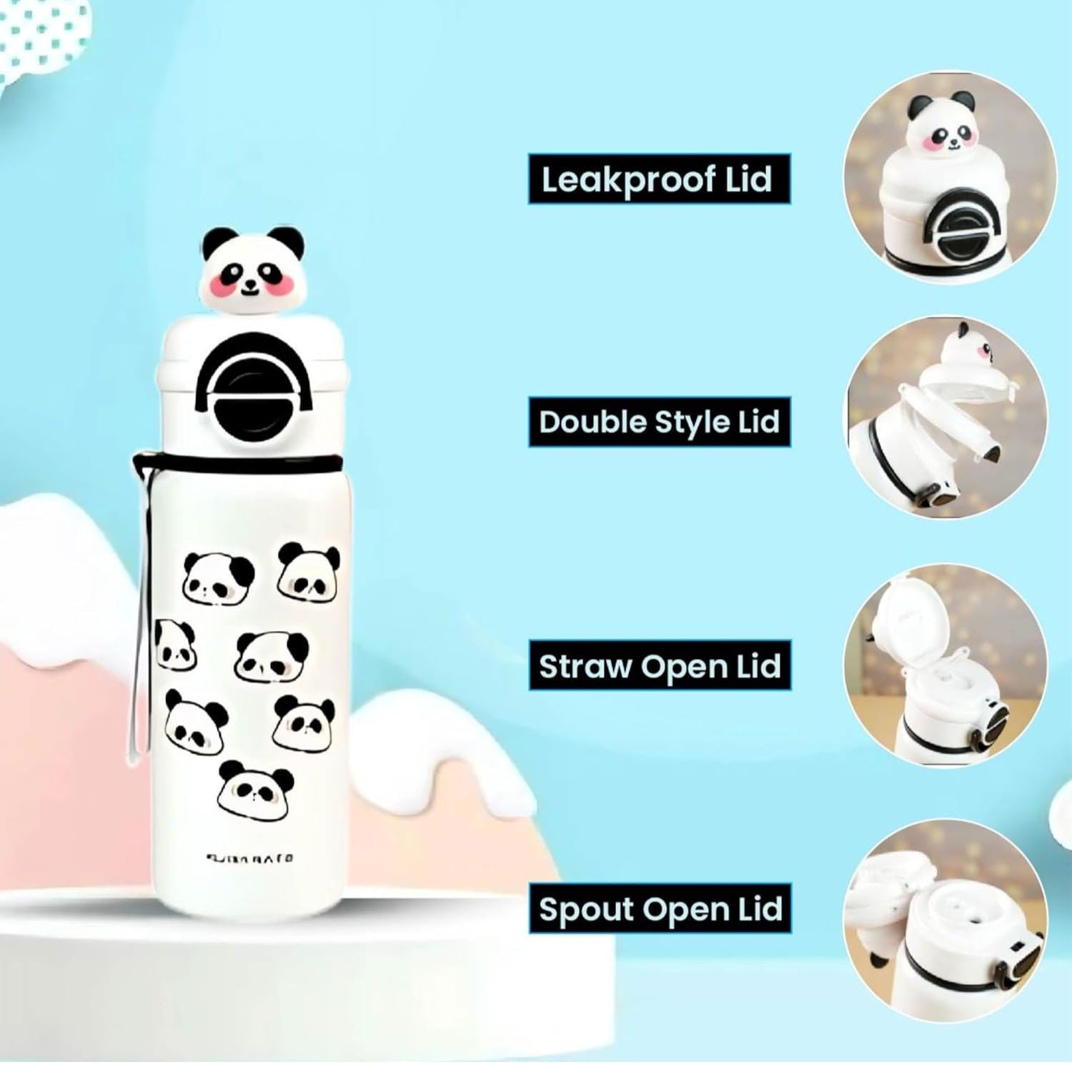 SMILE BABY Kids Panda Xcup Water Bottle with Dual-Style Leakproof Lid – Straw & Spout, Cute Cartoon Design