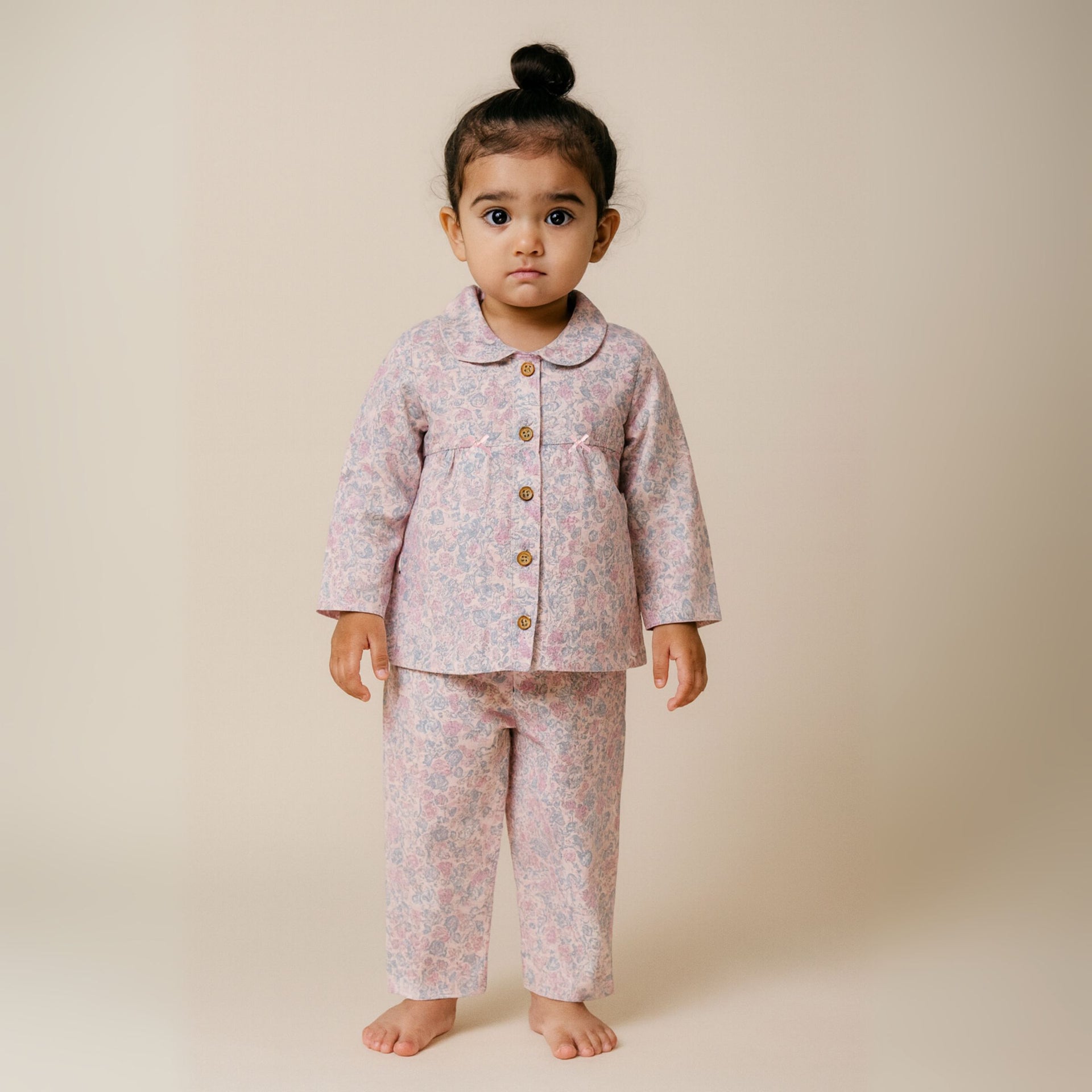 TOFFY HOUSE Girls' Pink Floral Cotton Night Suit – Full Sleeve Shirt & Pants | Soft & Breathable | Age 9M–3Y