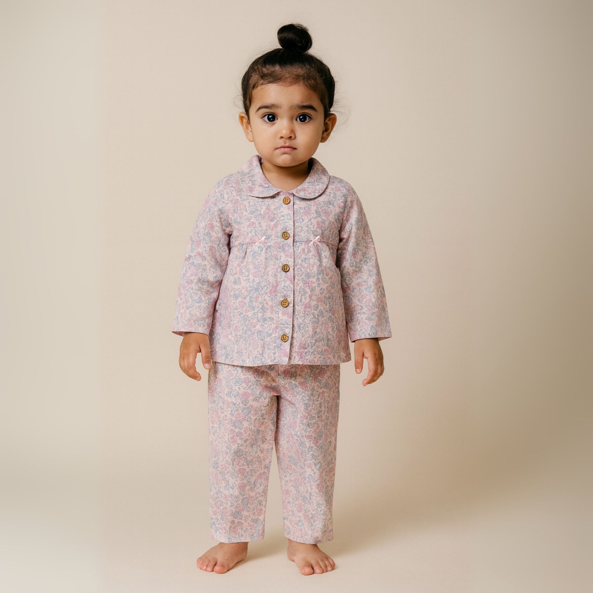 TOFFY HOUSE Girls' Pink Floral Cotton Night Suit – Full Sleeve Shirt & Pants | Soft & Breathable | Age 9M–3Y