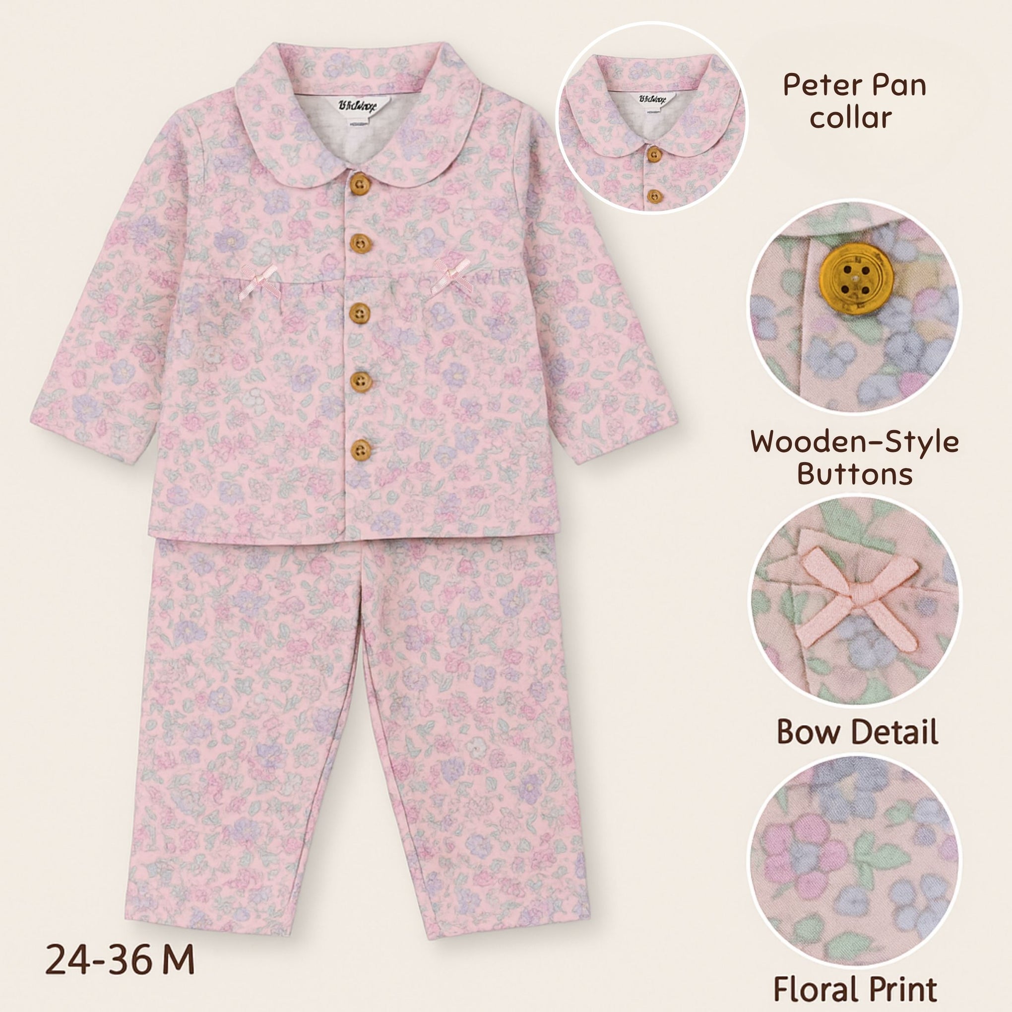 TOFFY HOUSE Girls' Pink Floral Cotton Night Suit – Full Sleeve Shirt & Pants | Soft & Breathable | Age 9M–3Y