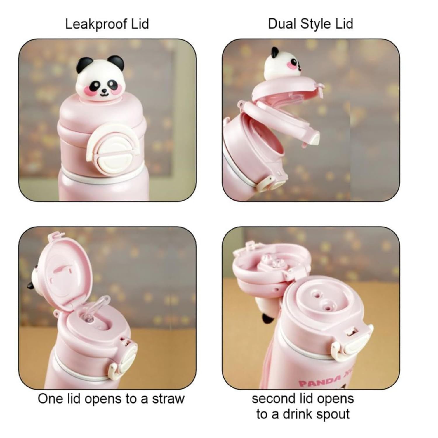 SMILE BABY Kids Panda Xcup Water Bottle with Dual-Style Leakproof Lid – Straw & Spout, Cute Cartoon Design