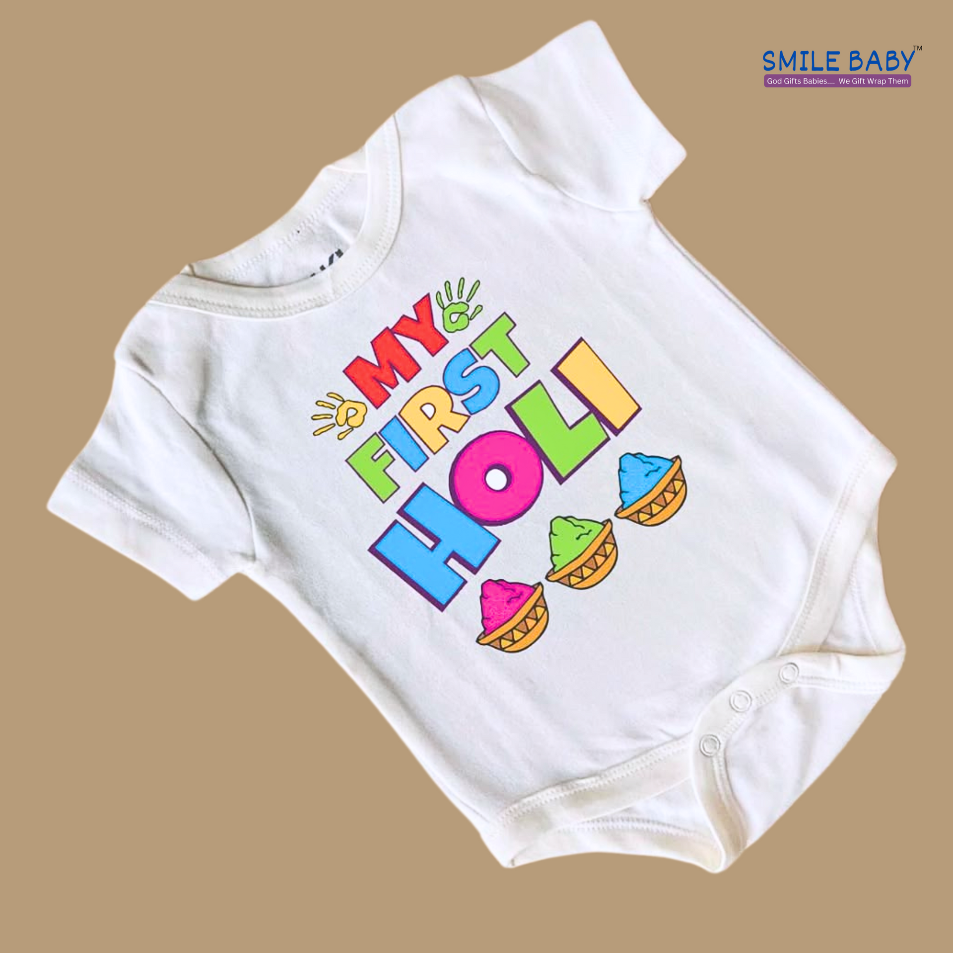 My First Holi Baby Romper – Smile Baby Cotton Bodysuit (0-6M)