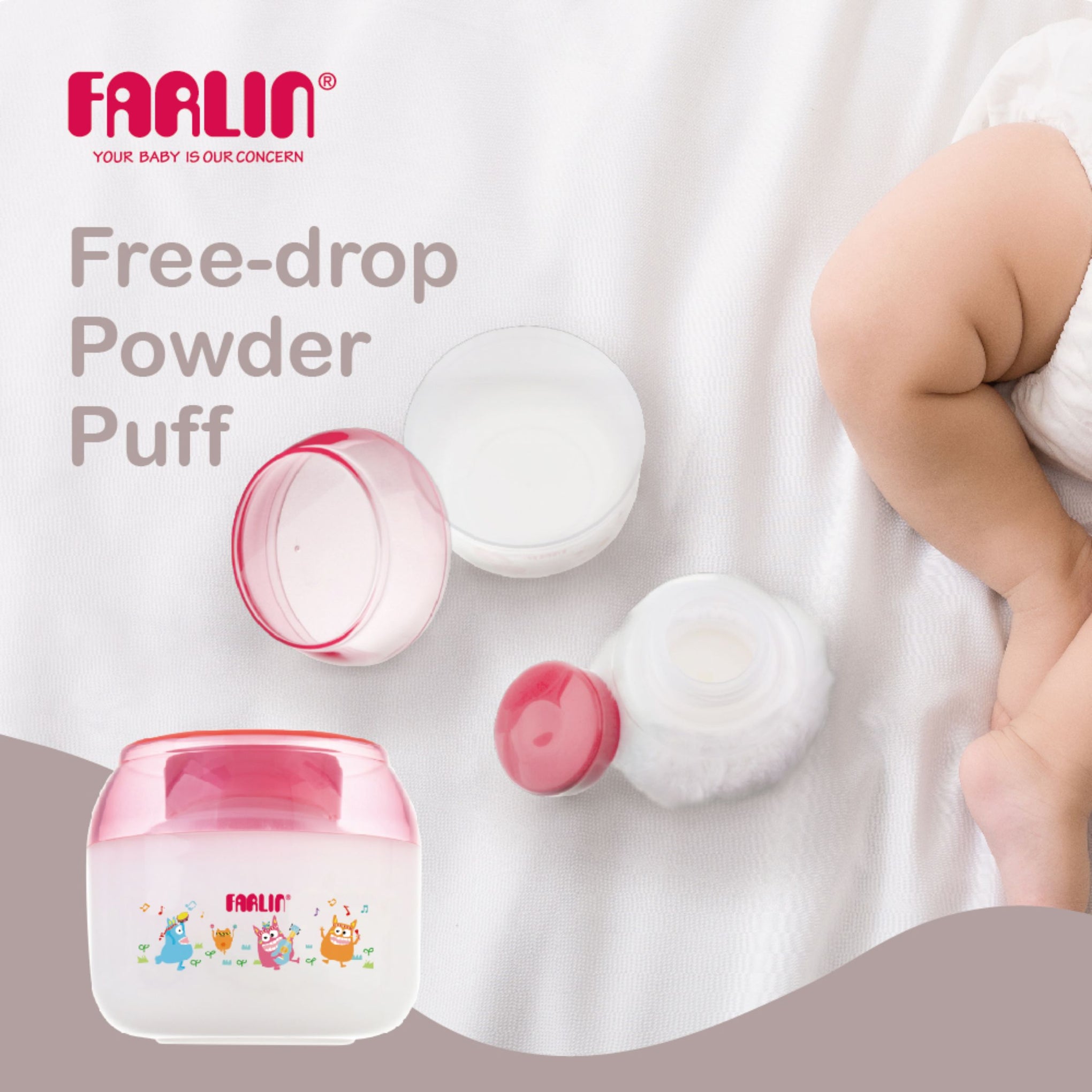 Farlin Free-Drop Baby Powder Puff with Built-in Powder Case | Soft Feather Touch | Two Colors (Pink & Blue)