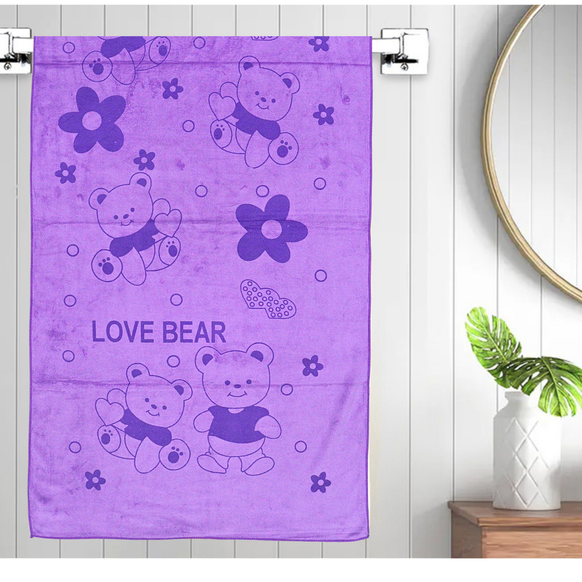 Smile Baby Kids Bath Towel For Girls Boys | Soft Premium Microfiber Quick Drying Towels for Unisex Kids | Cartoon Print Wash Dry Cloth Towel For Babies Toddlers, Pack Of 1, 70 x 140 CM, Love Bear Prints