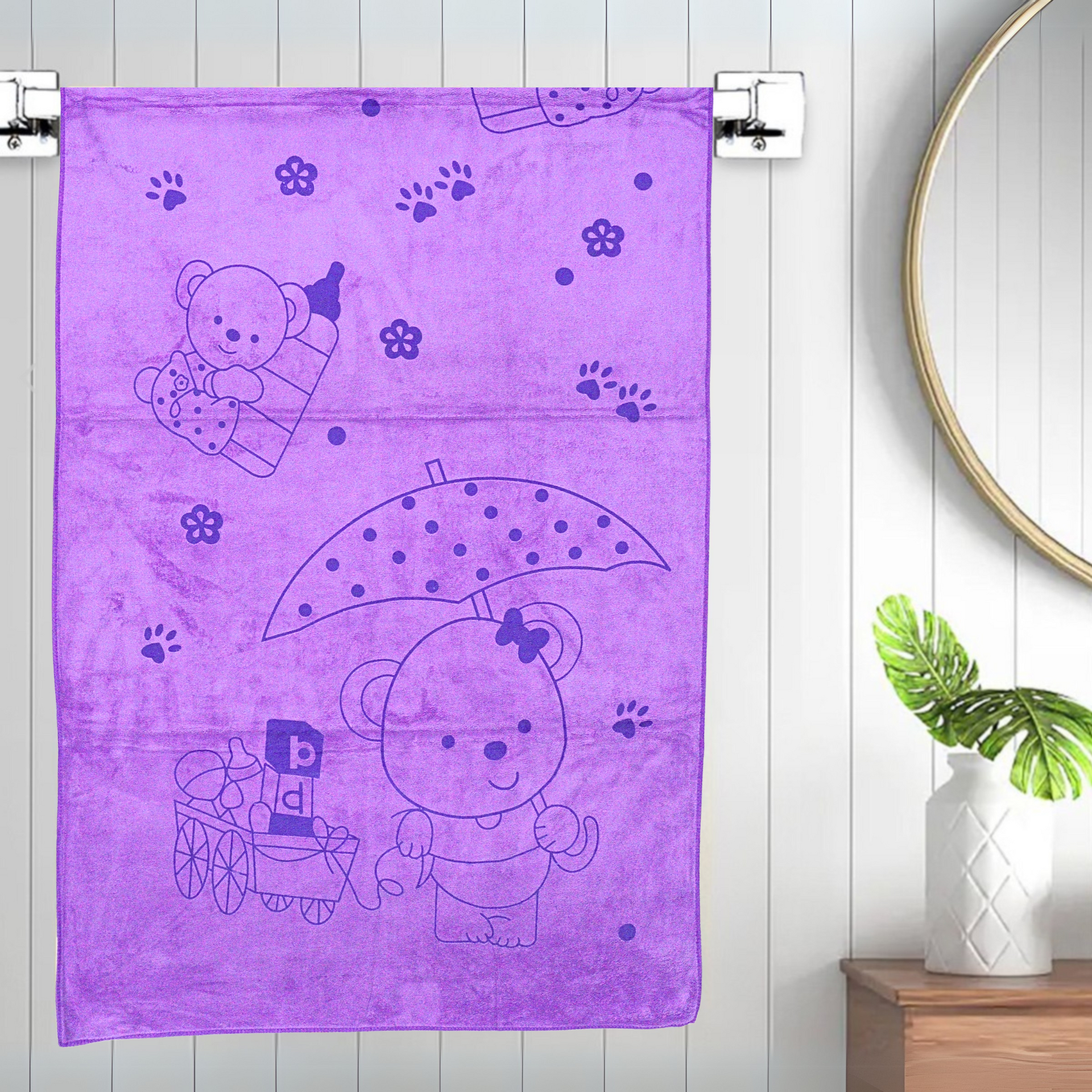 Smile Baby Kids Bath Towel For Girls Boys | Soft Premium Microfiber Quick Drying Towels for Unisex Kids | Cartoon Print Wash Dry Cloth Towel For Babies Toddlers, Pack Of 1, 70 x 140 CM, Teddy Prints
