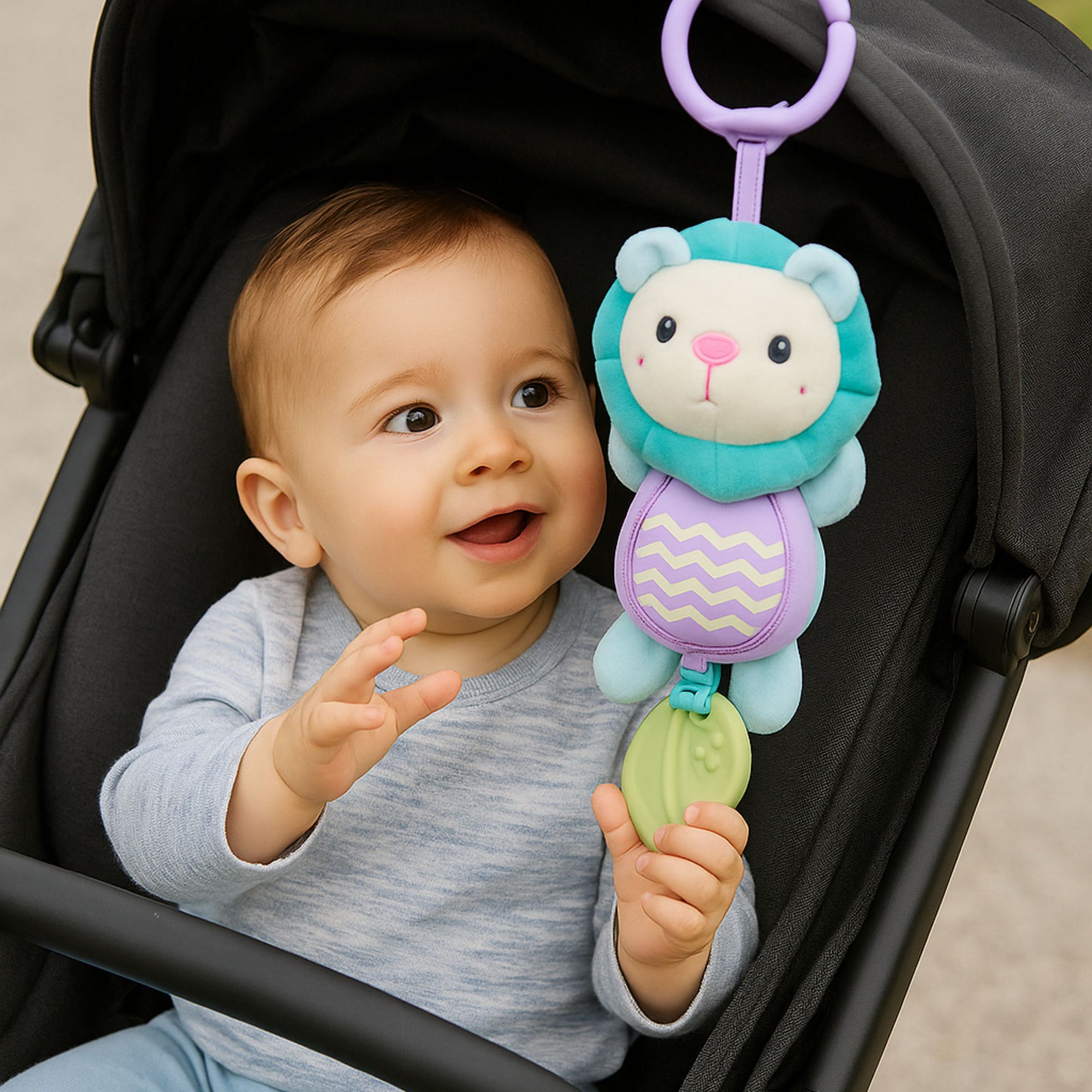 Smile Baby Hanging Plush Lion Toy with Teether – Crib & Stroller Friendly | Soft, Safe & Sensory Fun for Babies | HANGING TOY with Teether