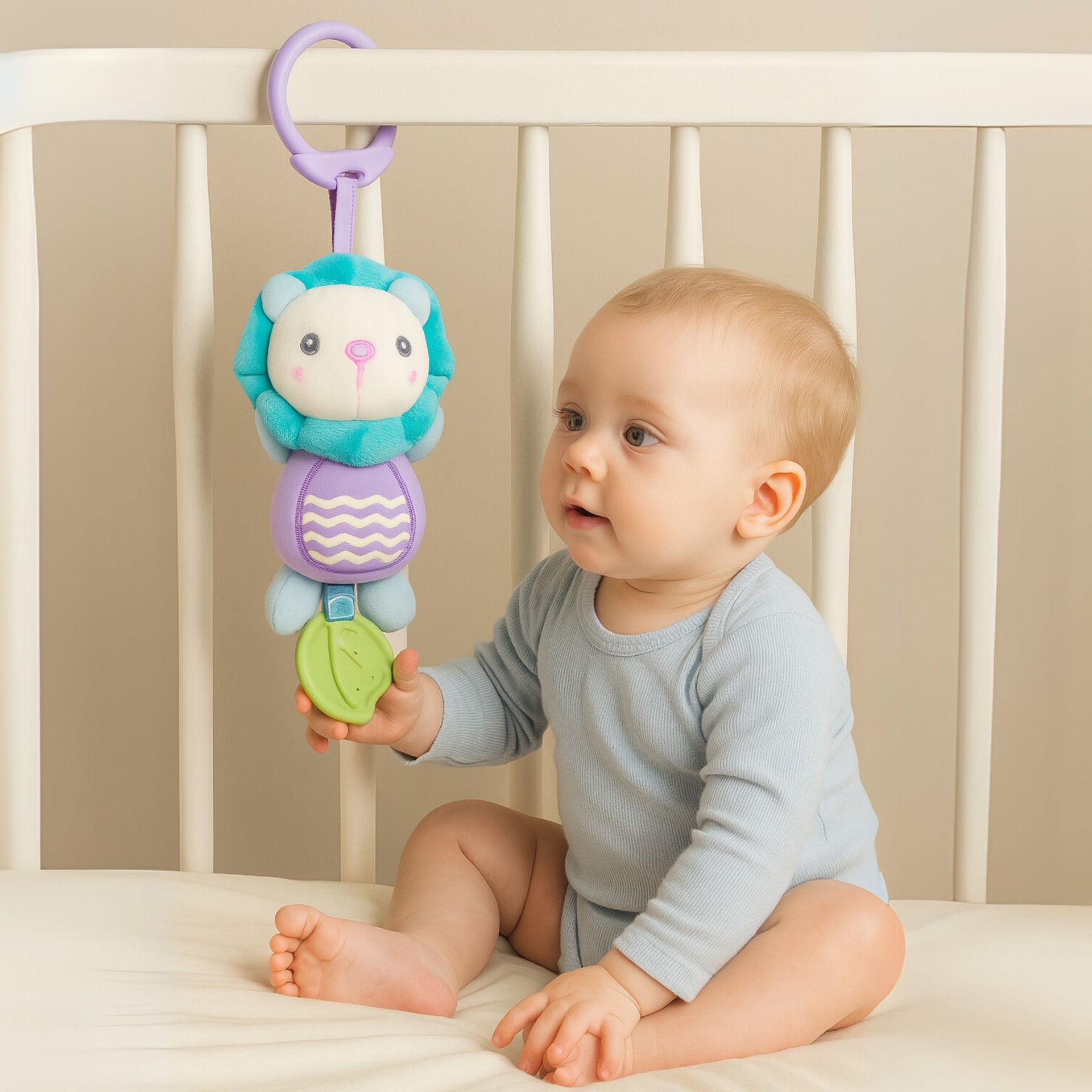 Smile Baby Hanging Plush Lion Toy with Teether – Crib & Stroller Friendly | Soft, Safe & Sensory Fun for Babies | HANGING TOY with Teether