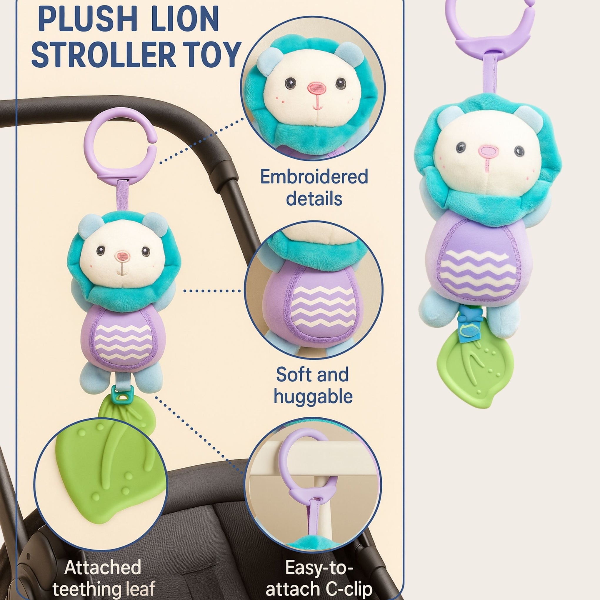 Smile Baby Hanging Plush Lion Toy with Teether – Crib & Stroller Friendly | Soft, Safe & Sensory Fun for Babies | HANGING TOY with Teether