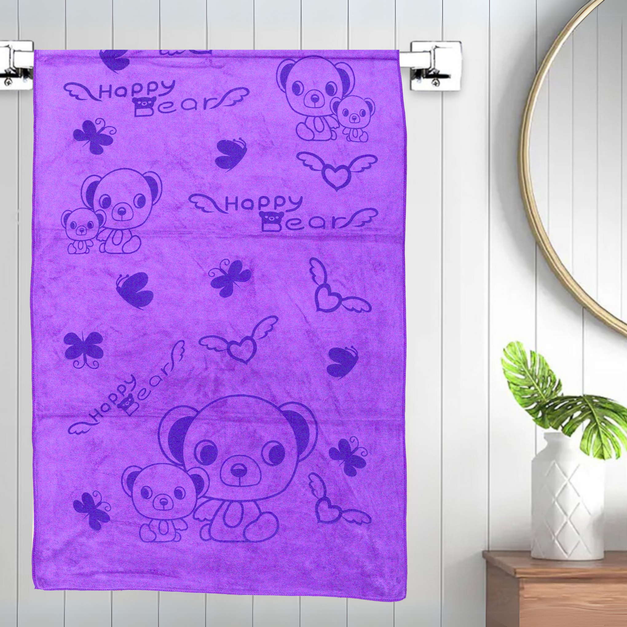 Smile Baby Kids Bath Towel For Girls Boys | Soft Premium Microfiber Quick Drying Towels for Unisex Kids | Cartoon Print Wash Dry Cloth Towel For Babies Toddlers, Pack Of 1, 70 x 140 CM, Happy Bear