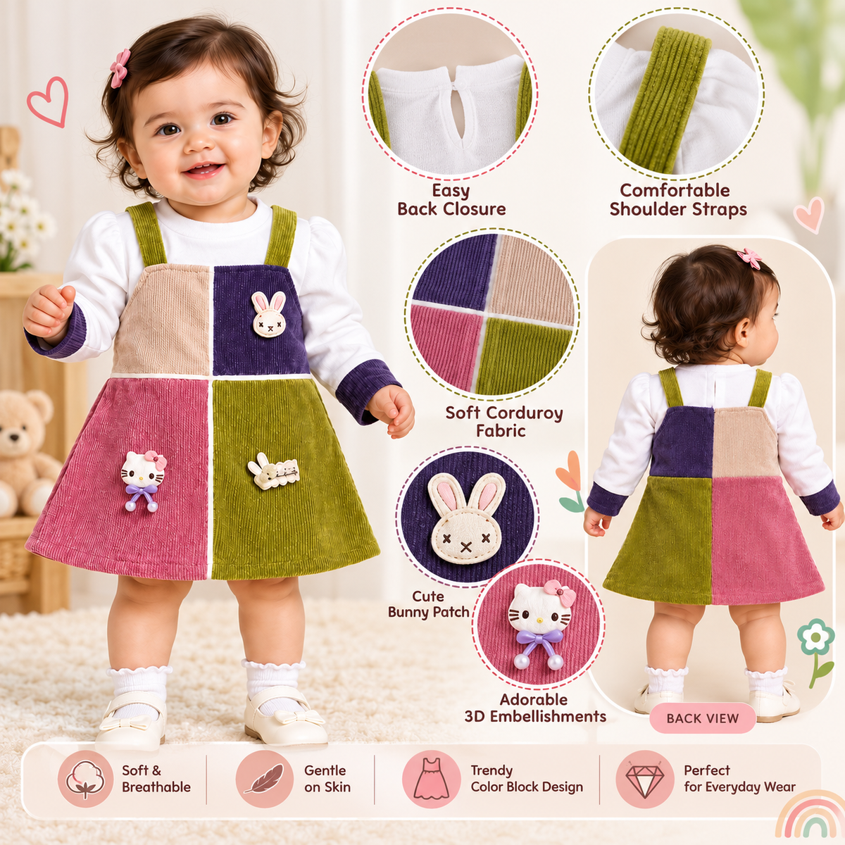 SMILE BABY Multicolour Patchwork Corduroy Pinafore Dress for Baby Girls 