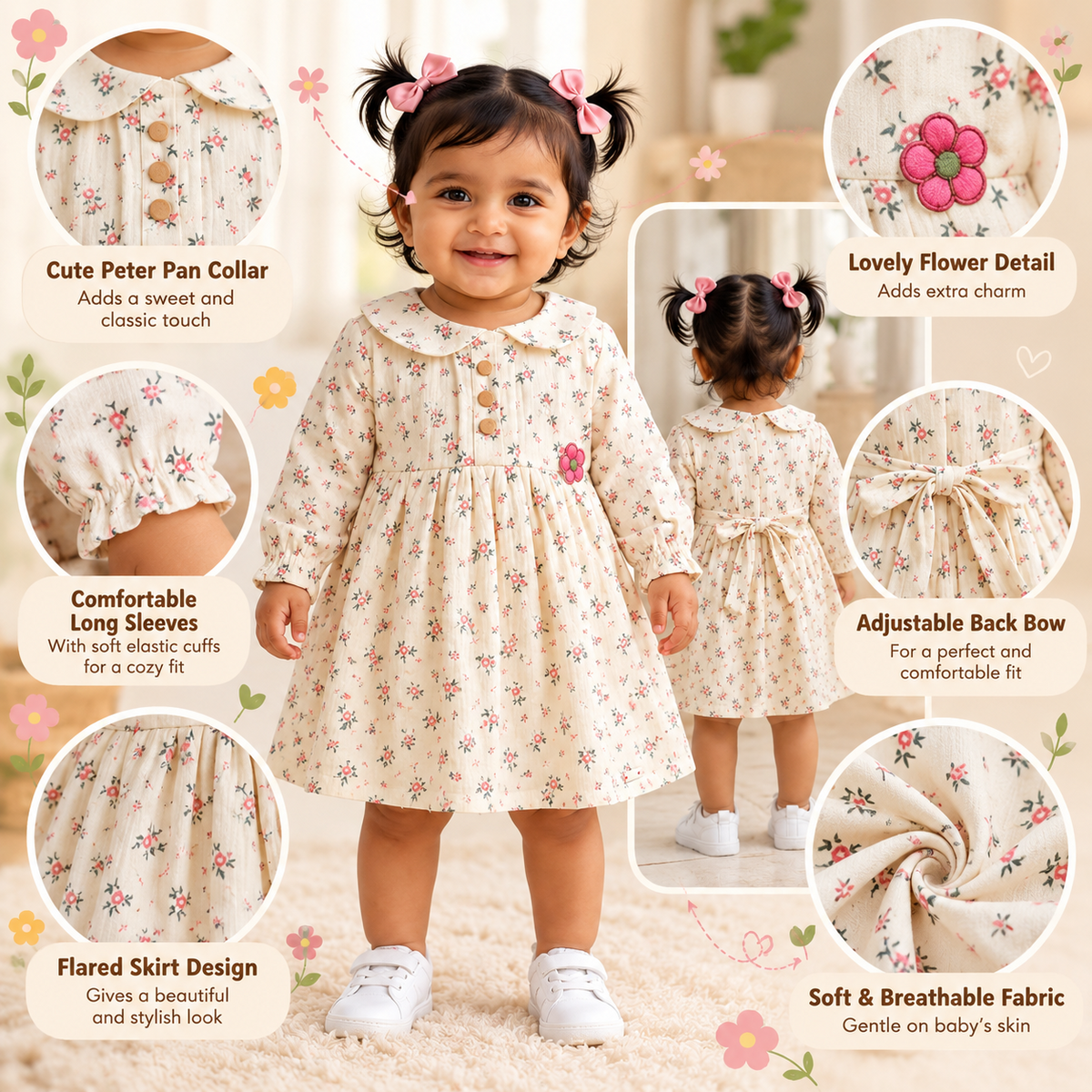 ORRIGANY cream floral girls dress product feature infographic