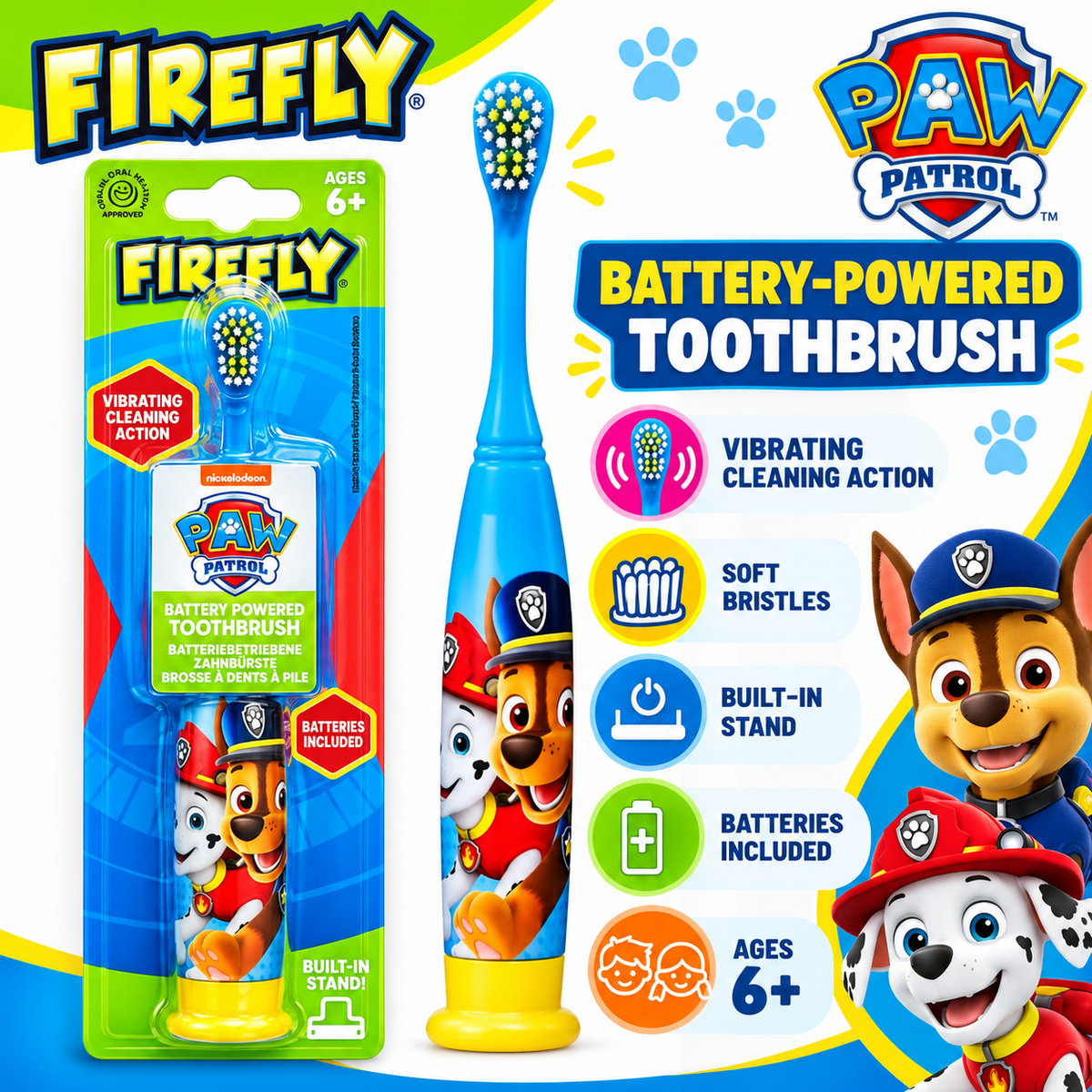 SMILE BABY Firefly Paw Patrol battery-powered toothbrush product infographic