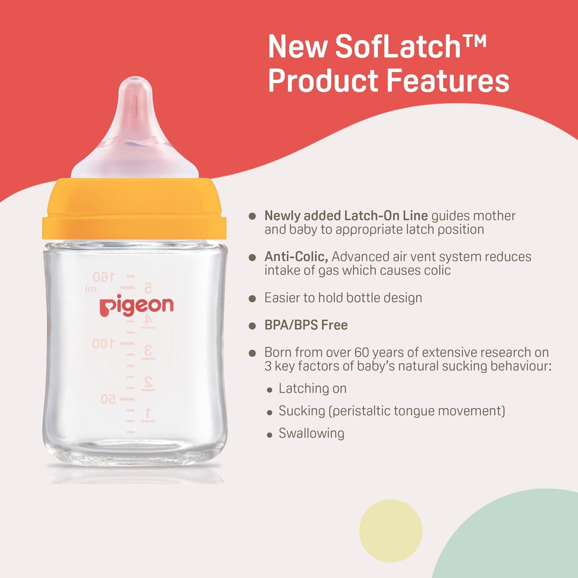 Pigeon Wide Neck Glass Feeding Bottle, 160ml, 0m+/Babies Upto 0 Months+, Made of Borosilicate Glass, BPA Free, Ergonomic Shape is Easy to Hold, with Anti Colic Nipple 160ml Yellow