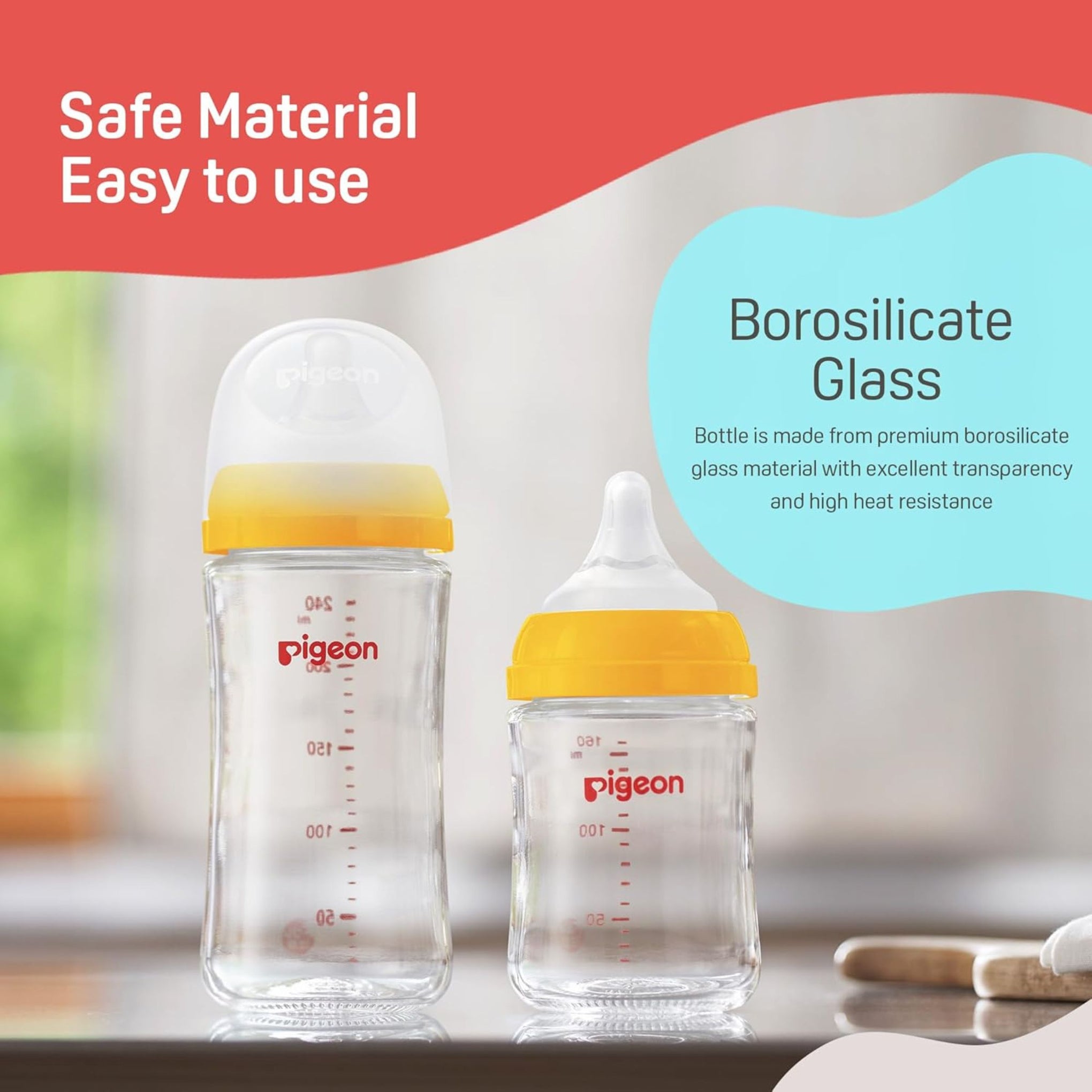 Pigeon Wide Neck Glass Feeding Bottle, 160ml, 0m+/Babies Upto 0 Months+, Made of Borosilicate Glass, BPA Free, Ergonomic Shape is Easy to Hold, with Anti Colic Nipple 160ml Yellow