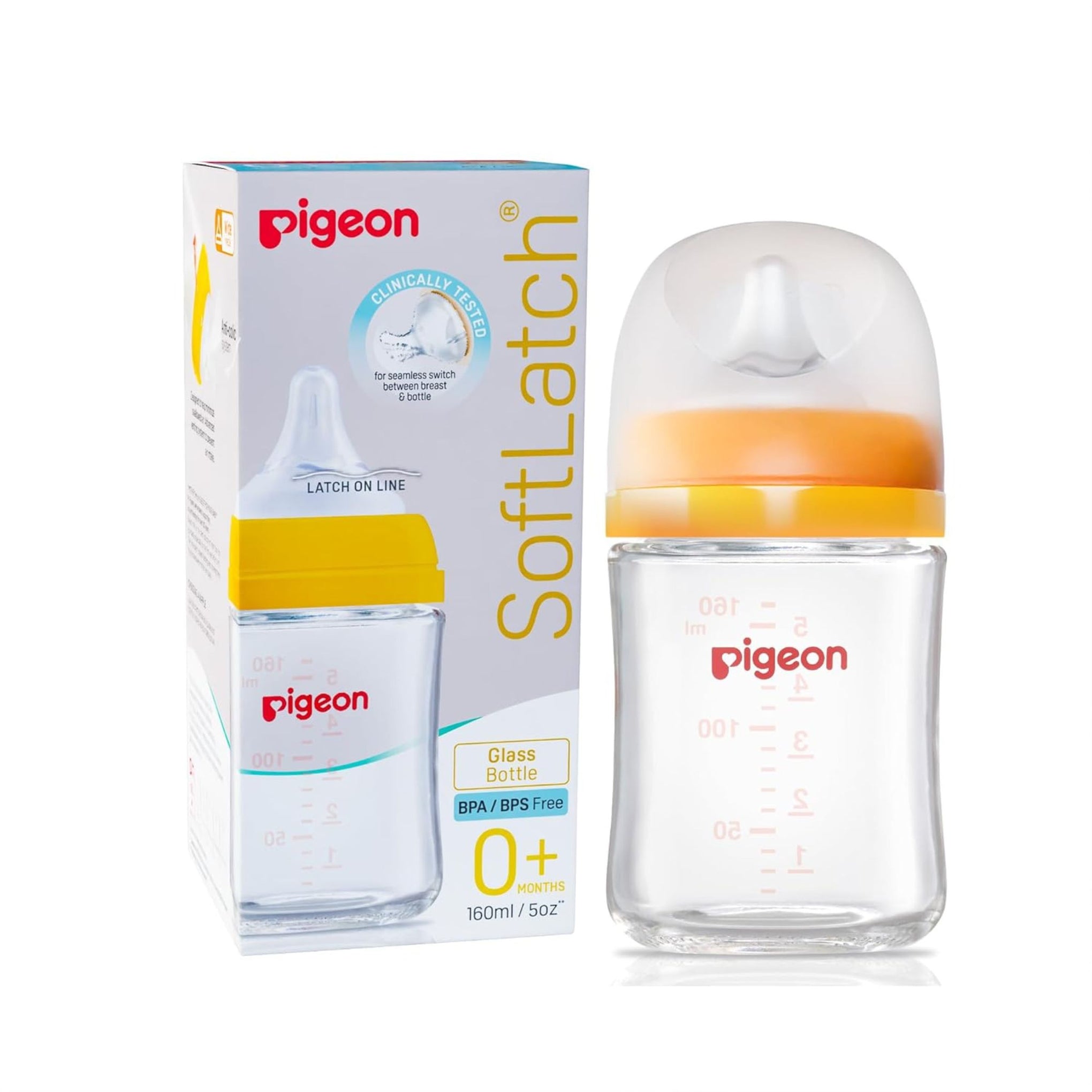 Pigeon Wide Neck Glass Feeding Bottle, 160ml, 0m+/Babies Upto 0 Months+, Made of Borosilicate Glass, BPA Free, Ergonomic Shape is Easy to Hold, with Anti Colic Nipple 160ml Yellow