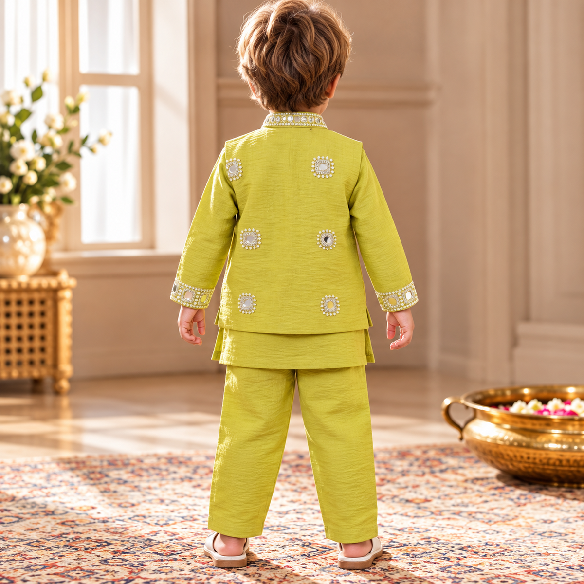 Close-up of SMILE BABY pista green embellished traditional outfit
