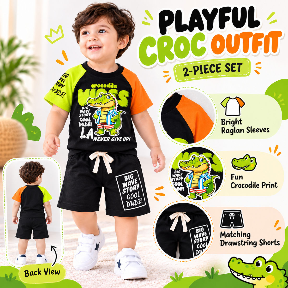 COOLEST boys crocodile print two-piece outfit orange and black