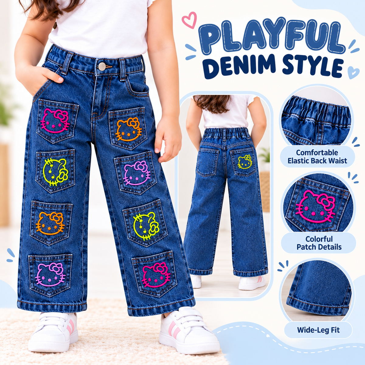 ROXY girls blue wide-leg denim jeans with colorful character patch pockets, elastic back waist and playful denim style infographic