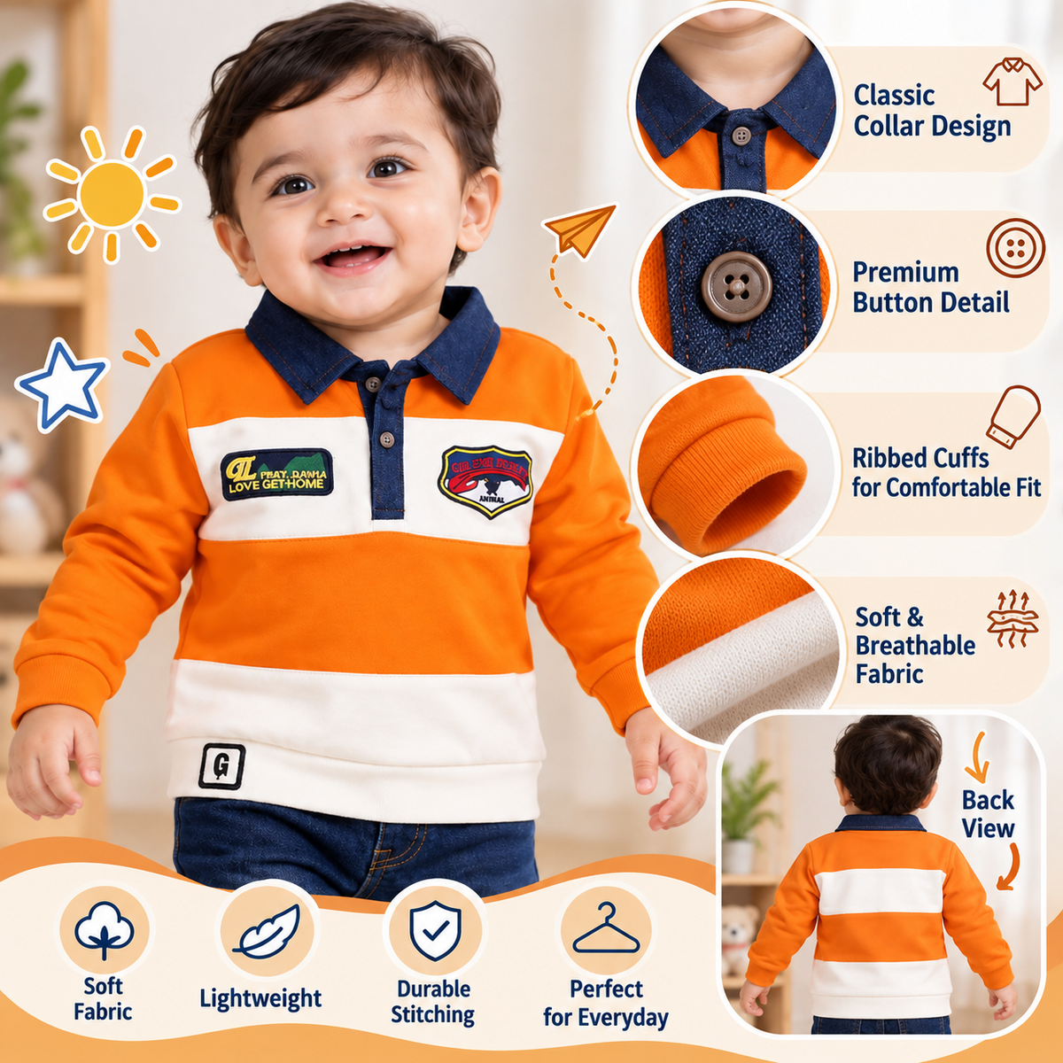 GUSTO orange boys polo sweatshirt product features infographic