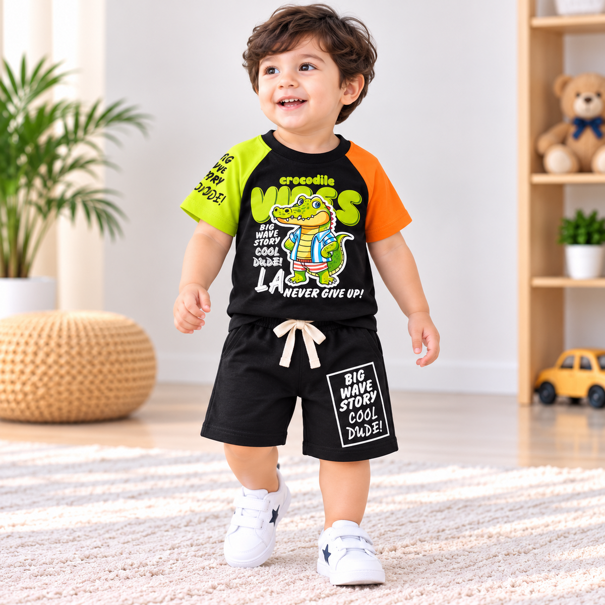 COOLEST boys crocodile print outfit front view orange