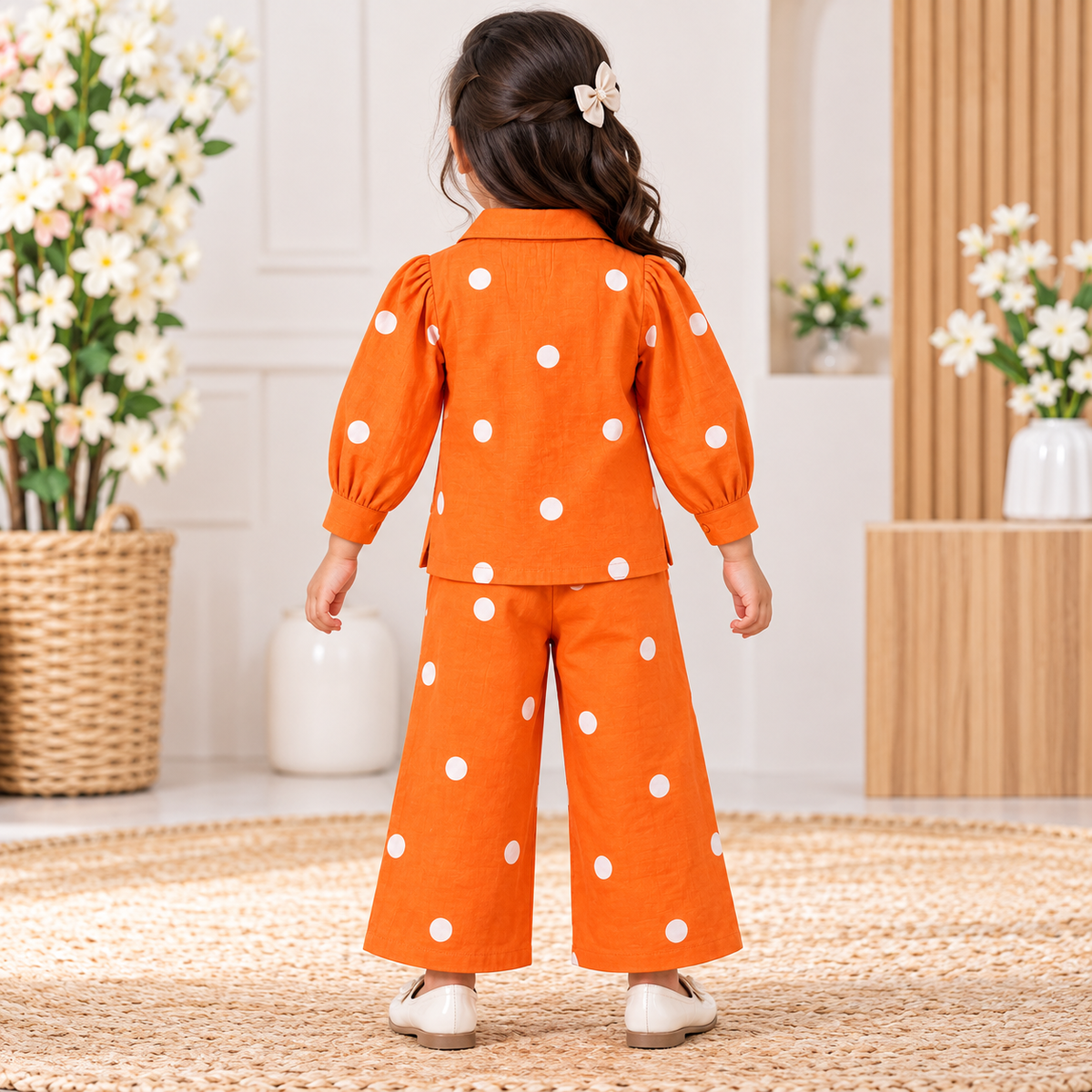 SMILE BABY Girls Polka Dot Co-Ord Set – Stylish Wide-Leg Pants Set in Blue & Orange 