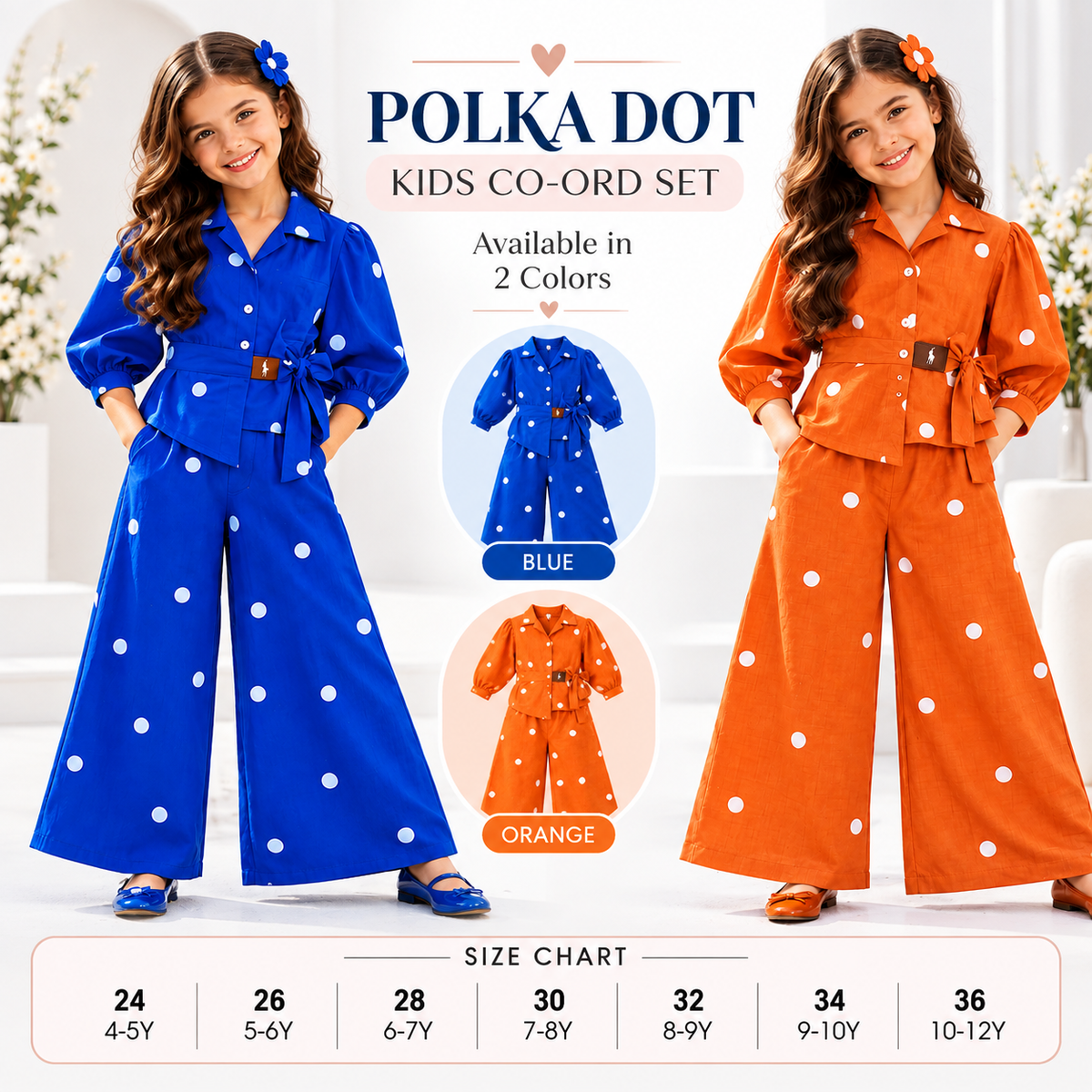 SMILE BABY Girls Polka Dot Co-Ord Set – Stylish Wide-Leg Pants Set in Blue & Orange 