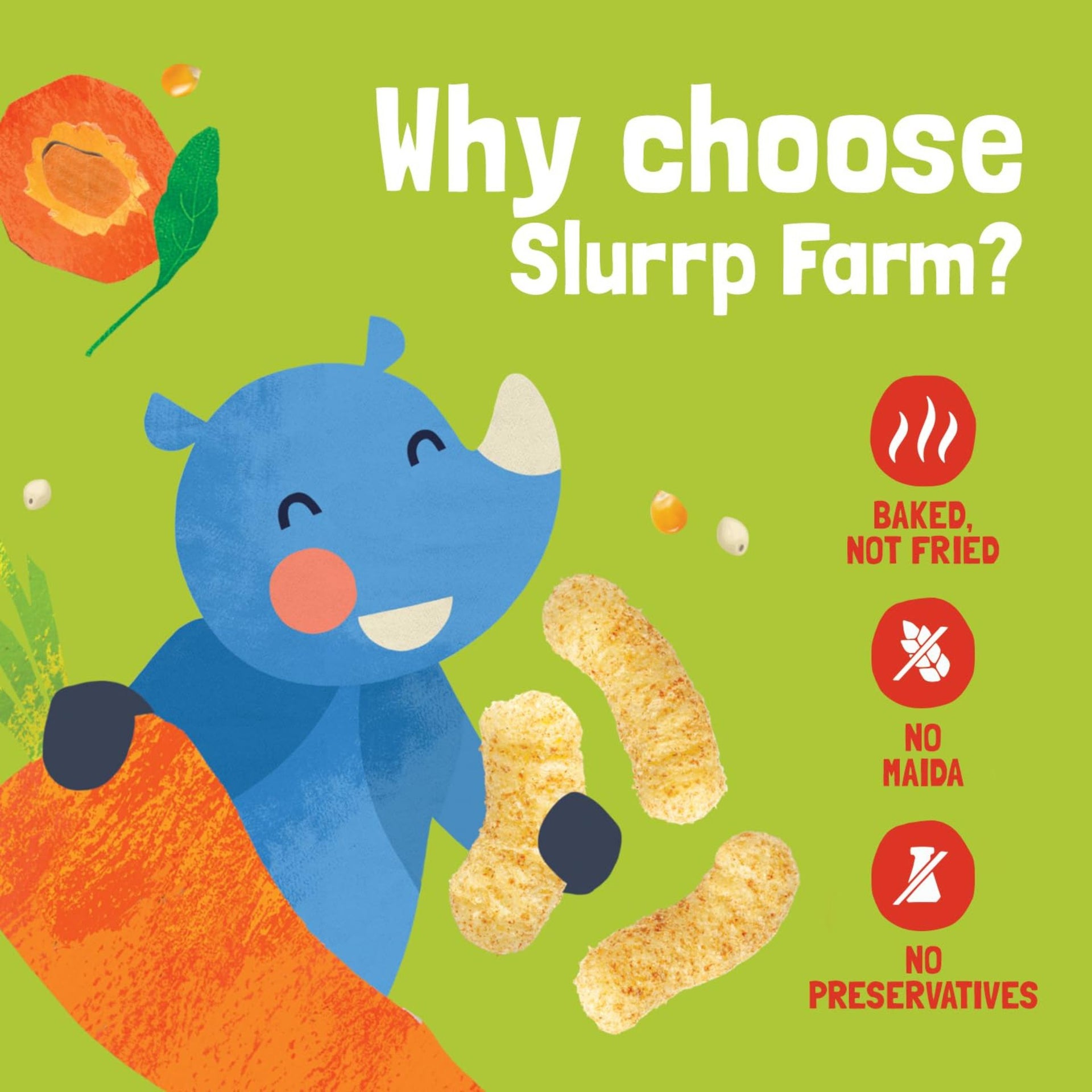 Slurrp Farm Fruit and Vegetable Teething Puffs, Baked Puff in Yummy Flavours- Carrot, Strawberry & Banana, Mango, Cheese & Herbs , Cheddar Cheese , CHOCO RAGI , MILD MASALA , KHATTA MEETHA , TANGY TOMATO ,  - Pack of 1