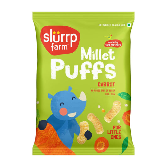 Slurrp Farm Fruit and Vegetable Teething Puffs, Baked Puff in Yummy Flavours- Carrot, Strawberry & Banana, Mango, Cheese & Herbs , Cheddar Cheese , CHOCO RAGI , MILD MASALA , KHATTA MEETHA , TANGY TOMATO ,  - Pack of 1