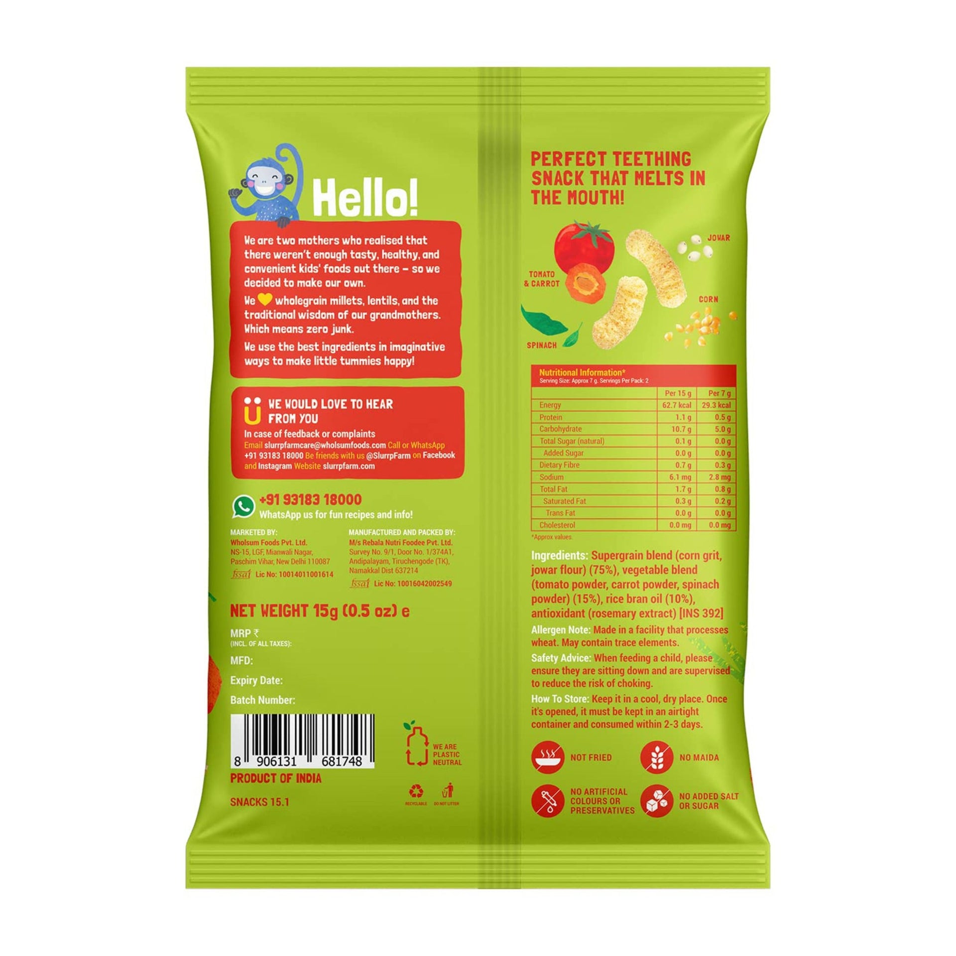 Slurrp Farm Fruit and Vegetable Teething Puffs, Baked Puff in Yummy Flavours- Carrot, Strawberry & Banana, Mango, Cheese & Herbs , Cheddar Cheese , CHOCO RAGI , MILD MASALA , KHATTA MEETHA , TANGY TOMATO ,  - Pack of 1
