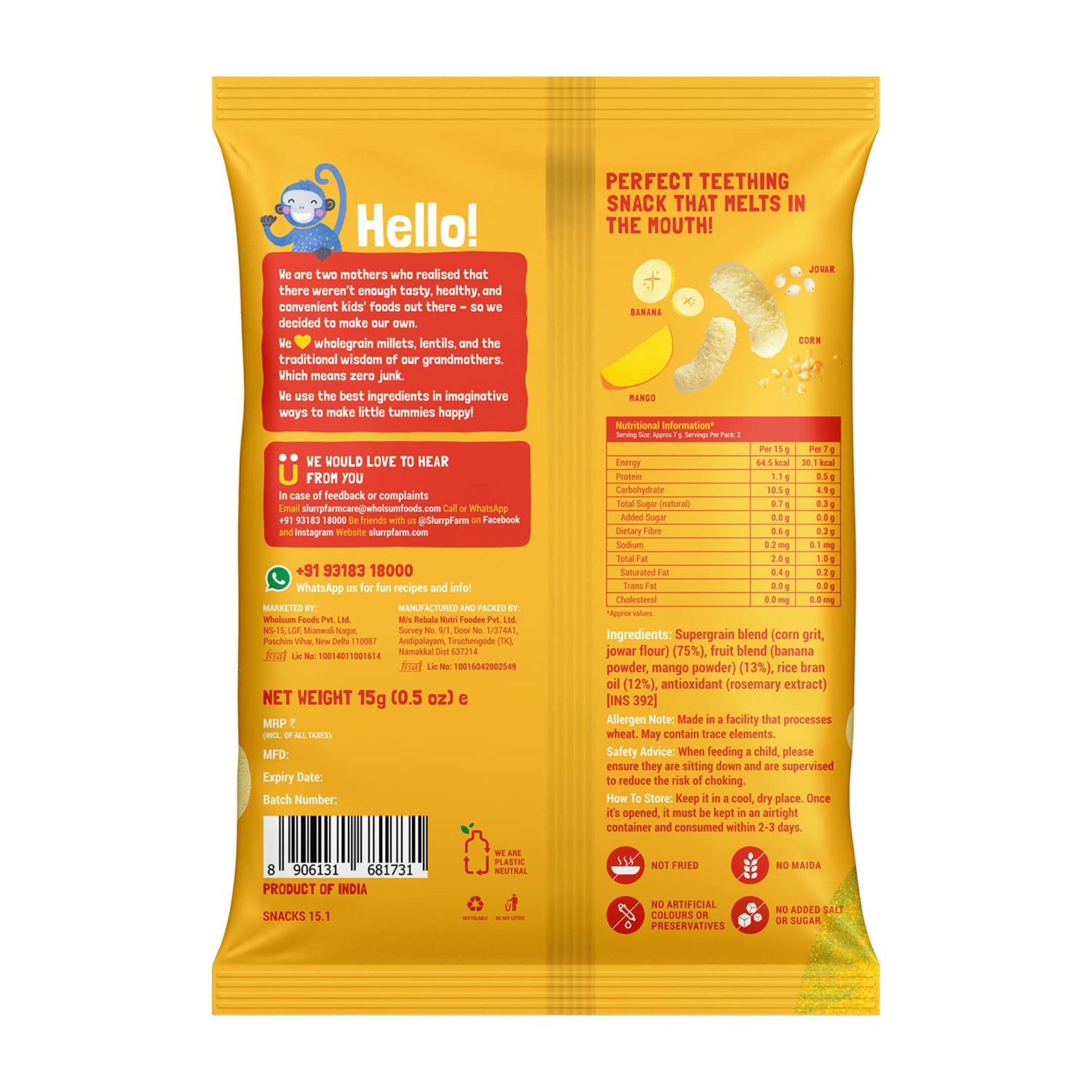 Slurrp Farm Fruit and Vegetable Teething Puffs, Baked Puff in Yummy Flavours- Carrot, Strawberry & Banana, Mango, Cheese & Herbs , Cheddar Cheese , CHOCO RAGI , MILD MASALA , KHATTA MEETHA , TANGY TOMATO ,  - Pack of 1