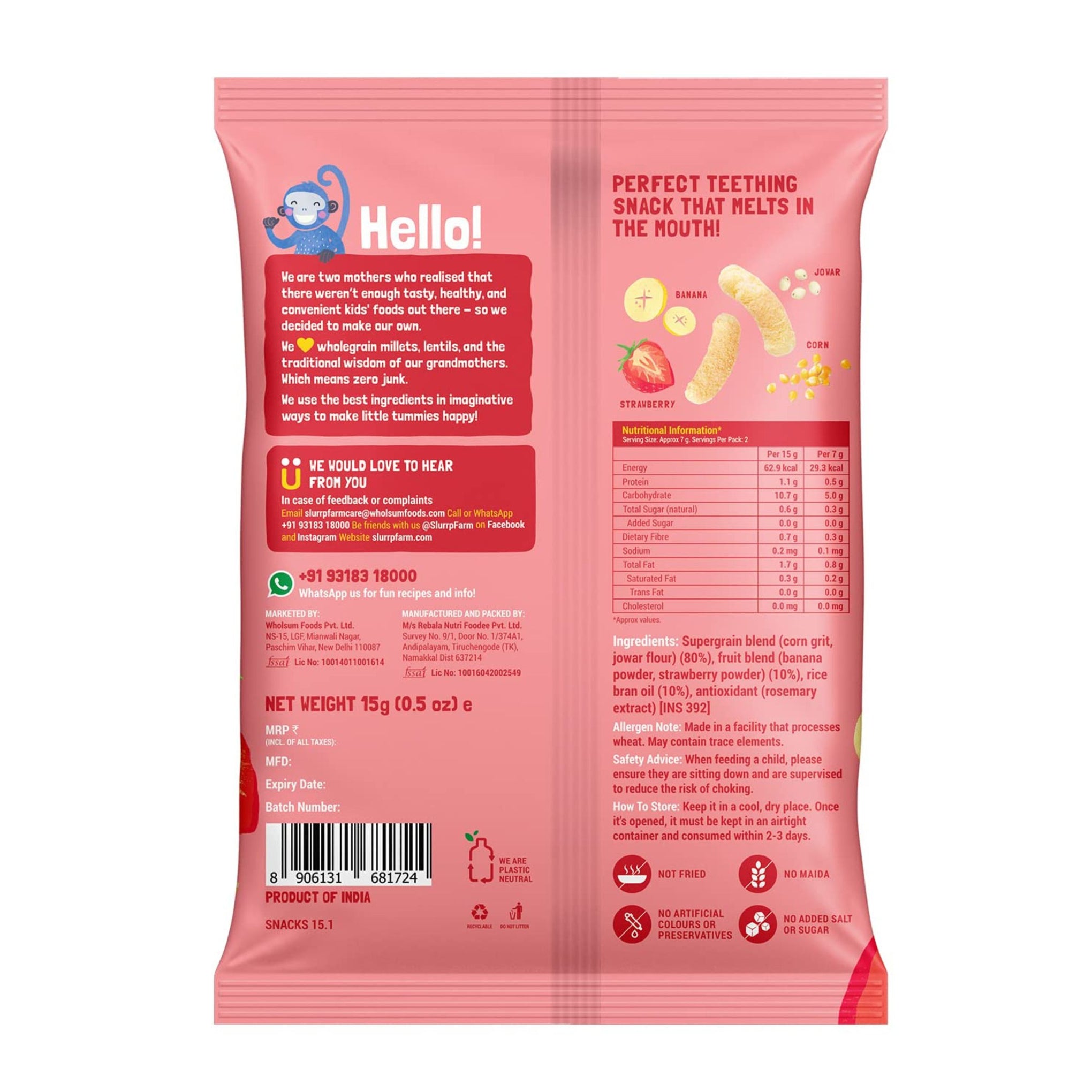 Slurrp Farm Fruit and Vegetable Teething Puffs, Baked Puff in Yummy Flavours- Carrot, Strawberry & Banana, Mango, Cheese & Herbs , Cheddar Cheese , CHOCO RAGI , MILD MASALA , KHATTA MEETHA , TANGY TOMATO ,  - Pack of 1