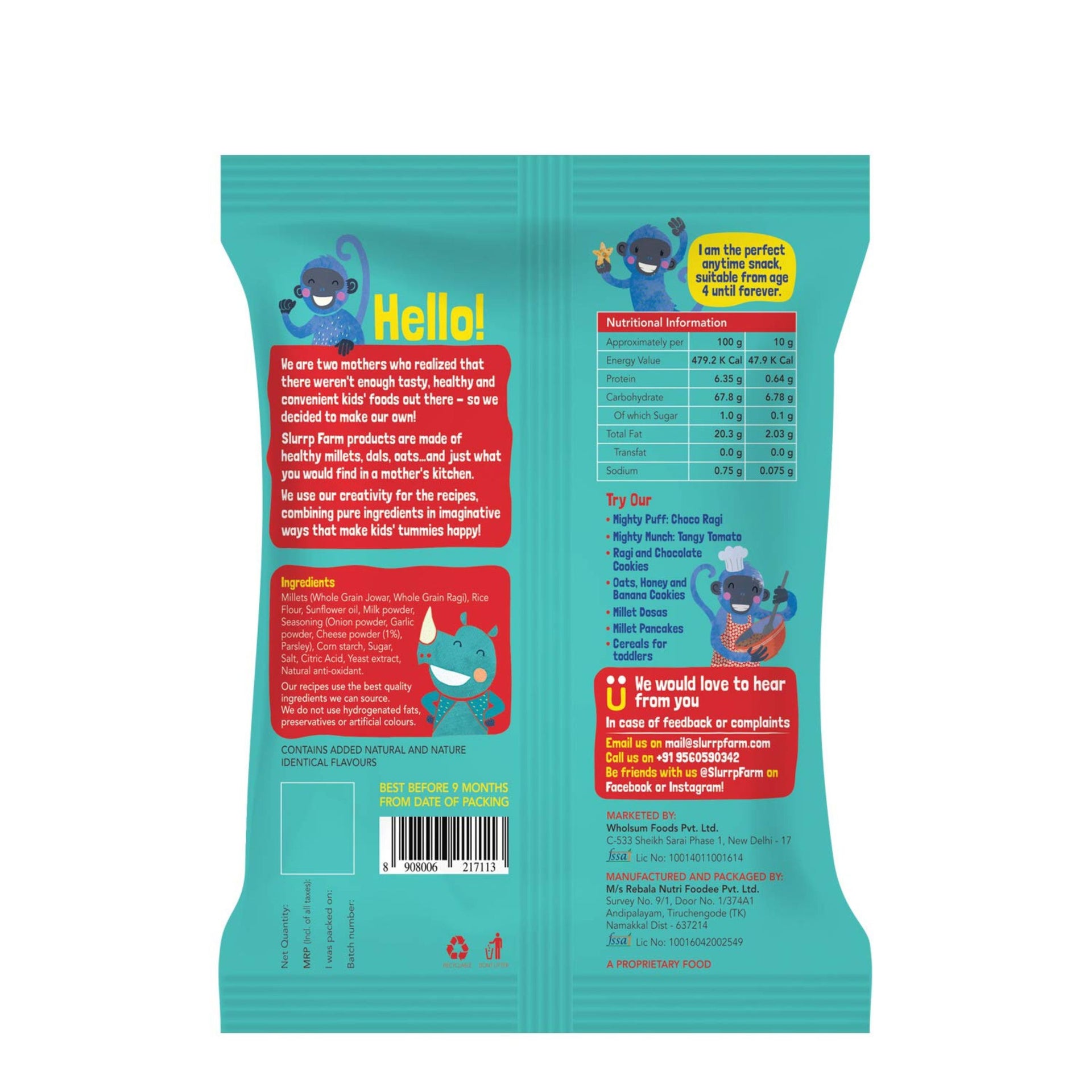 Slurrp Farm Fruit and Vegetable Teething Puffs, Baked Puff in Yummy Flavours- Carrot, Strawberry & Banana, Mango, Cheese & Herbs , Cheddar Cheese , CHOCO RAGI , MILD MASALA , KHATTA MEETHA , TANGY TOMATO ,  - Pack of 1