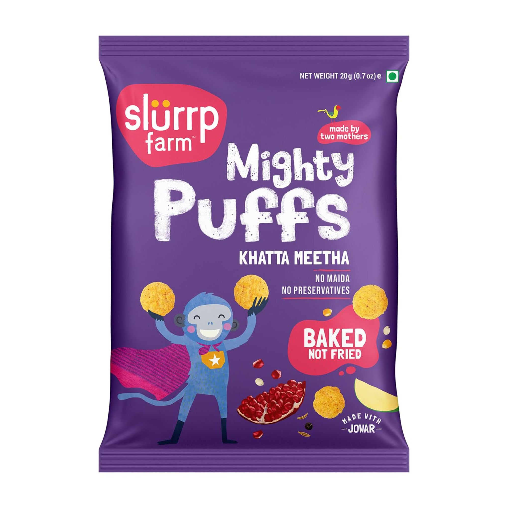Slurrp Farm Fruit and Vegetable Teething Puffs, Baked Puff in Yummy Flavours- Carrot, Strawberry & Banana, Mango, Cheese & Herbs , Cheddar Cheese , CHOCO RAGI , MILD MASALA , KHATTA MEETHA , TANGY TOMATO ,  - Pack of 1