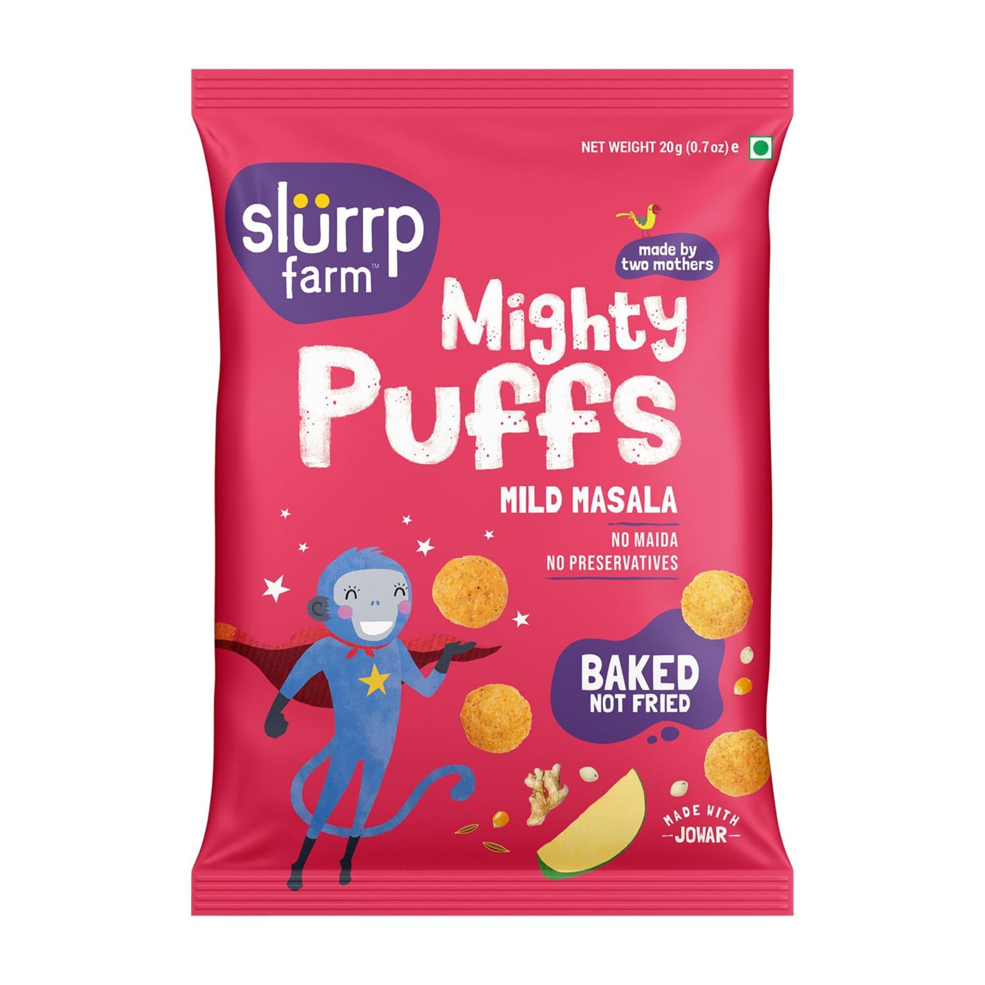 Slurrp Farm Fruit and Vegetable Teething Puffs, Baked Puff in Yummy Flavours- Carrot, Strawberry & Banana, Mango, Cheese & Herbs , Cheddar Cheese , CHOCO RAGI , MILD MASALA , KHATTA MEETHA , TANGY TOMATO ,  - Pack of 1