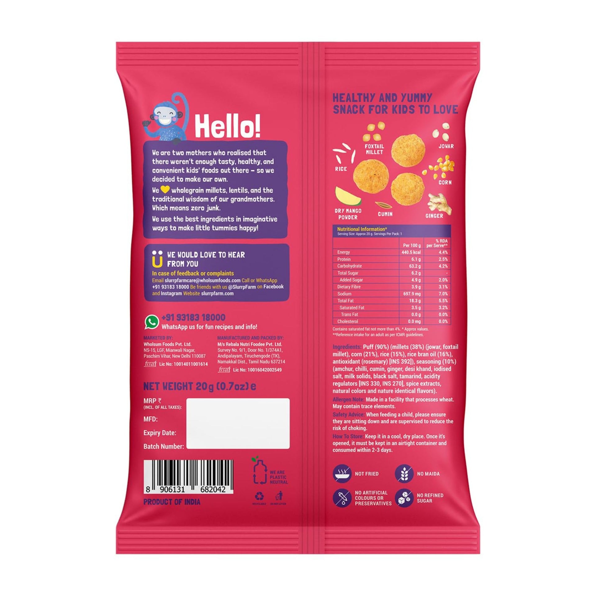 Slurrp Farm Fruit and Vegetable Teething Puffs, Baked Puff in Yummy Flavours- Carrot, Strawberry & Banana, Mango, Cheese & Herbs , Cheddar Cheese , CHOCO RAGI , MILD MASALA , KHATTA MEETHA , TANGY TOMATO ,  - Pack of 1