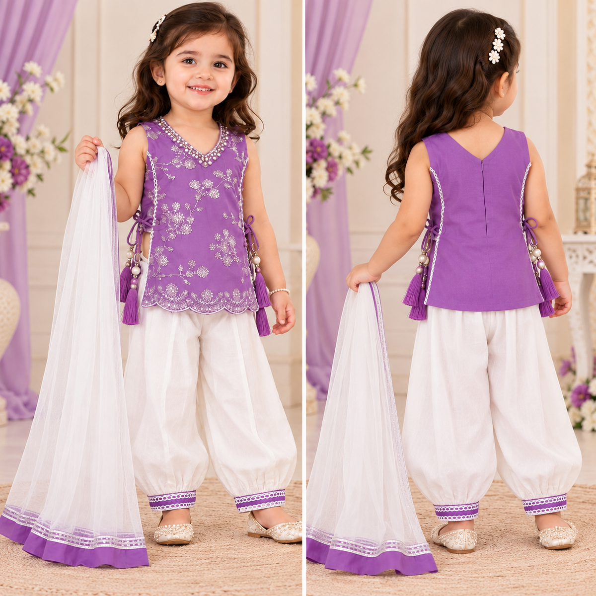 SMILE BABY purple and white girls traditional outfit front and back