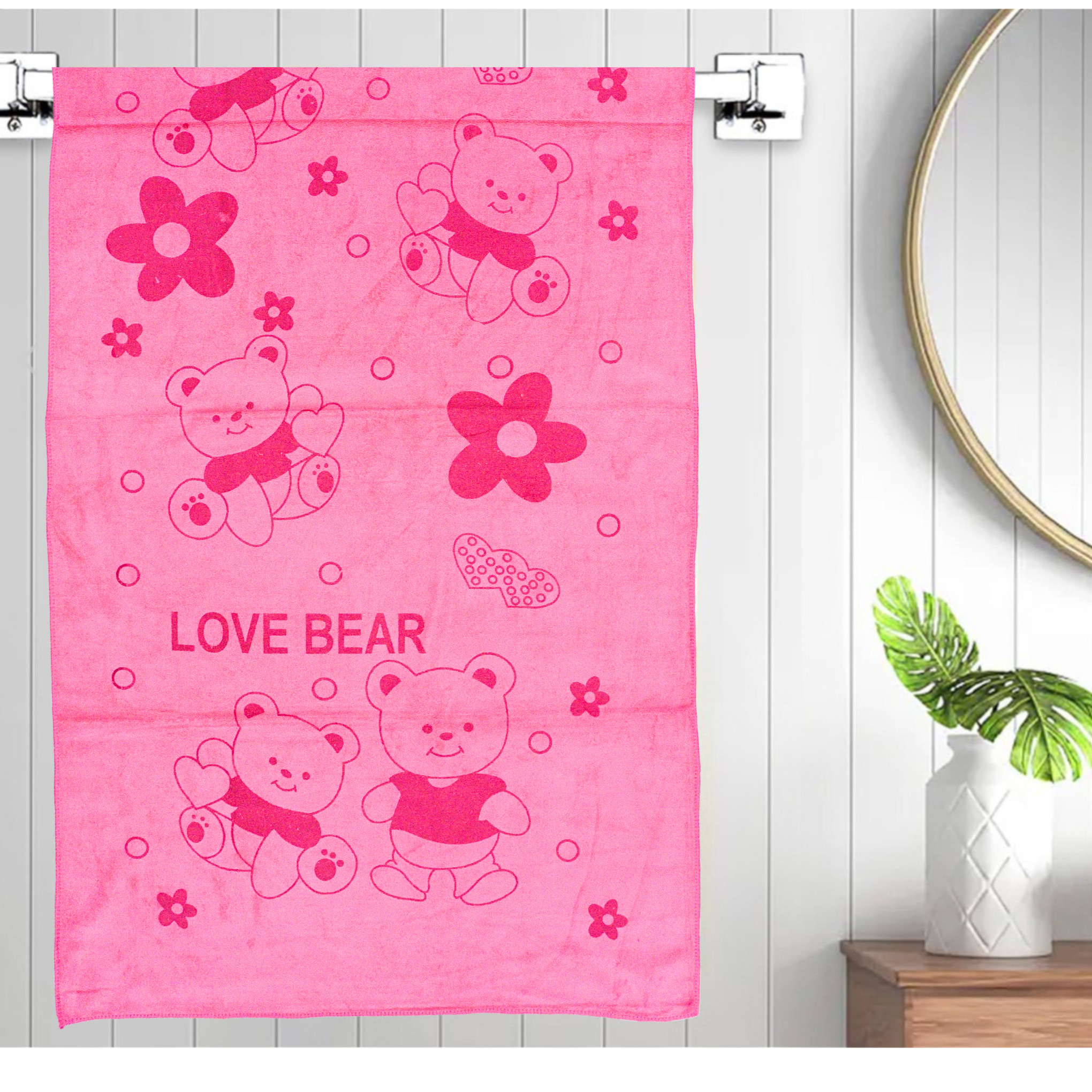 Smile Baby Kids Bath Towel For Girls Boys | Soft Premium Microfiber Quick Drying Towels for Unisex Kids | Cartoon Print Wash Dry Cloth Towel For Babies Toddlers, Pack Of 1, 70 x 140 CM, Love Bear Prints
