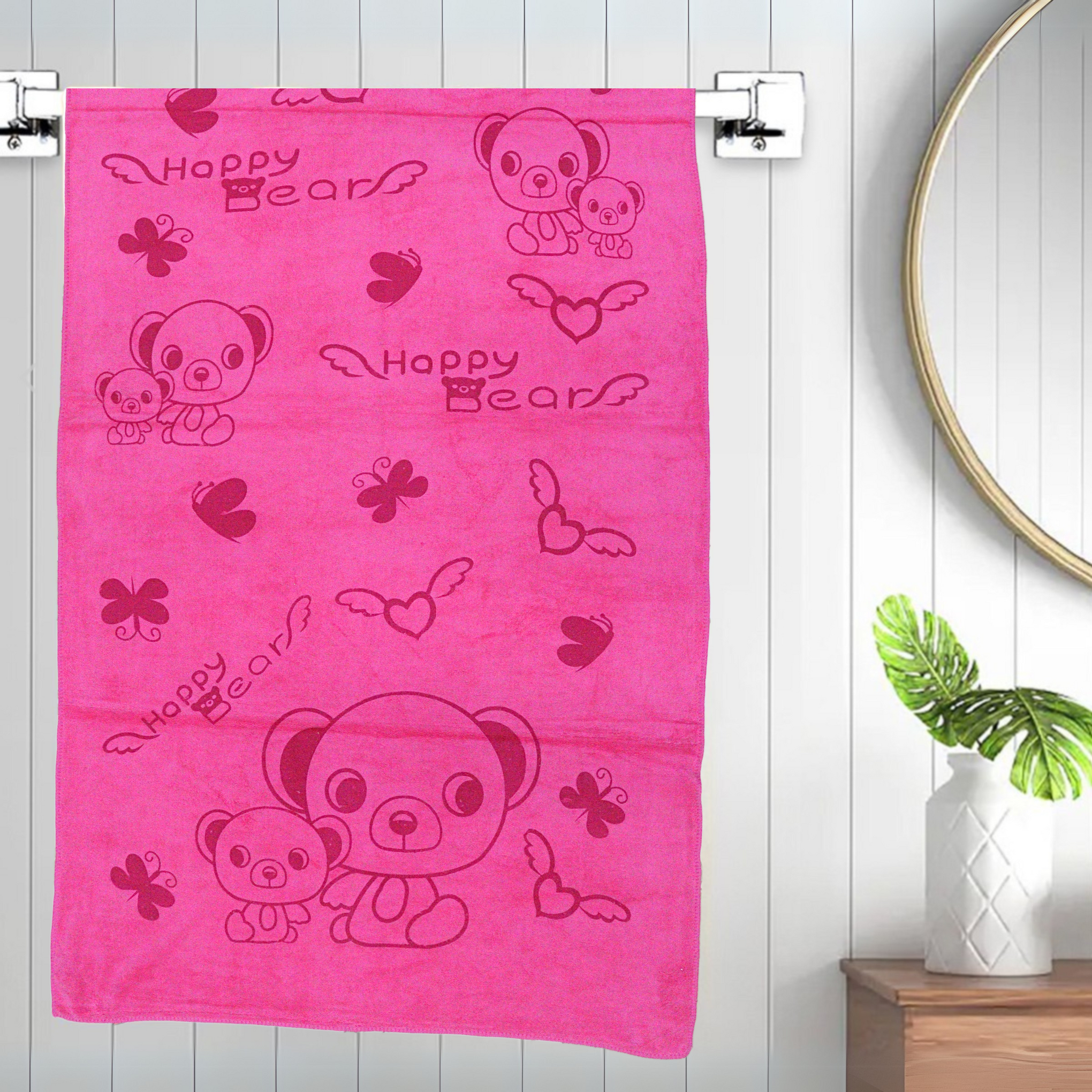 Smile Baby Kids Bath Towel For Girls Boys | Soft Premium Microfiber Quick Drying Towels for Unisex Kids | Cartoon Print Wash Dry Cloth Towel For Babies Toddlers, Pack Of 1, 70 x 140 CM, Happy Bear