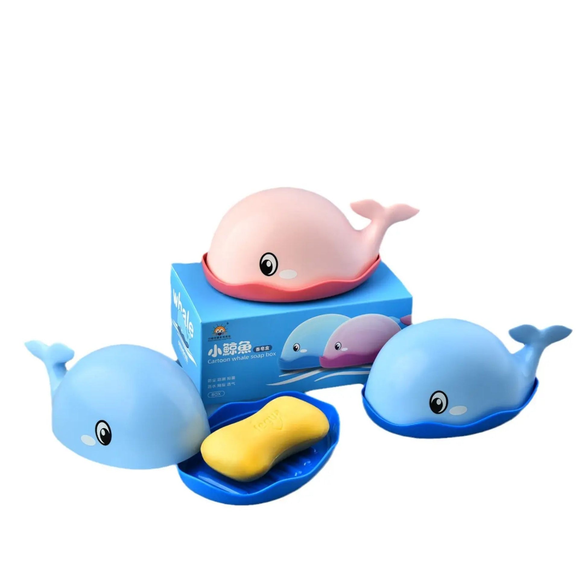Smile Baby Cartoon Whale Design Baby Bath Soap Dish with Dust-proof Lid Bathroom Accessories Plastic Soap Box BLUE