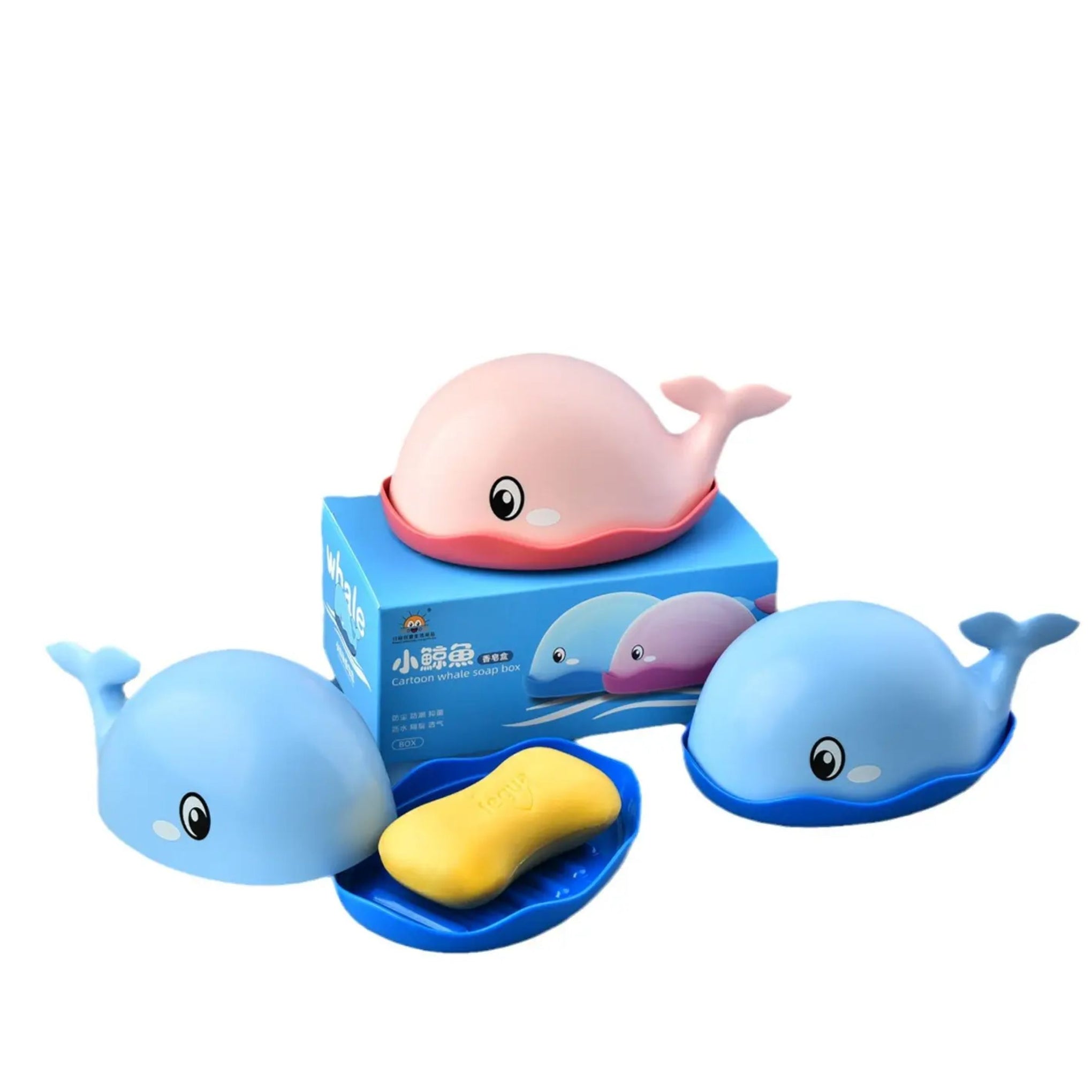 Smile Baby Cartoon Whale Design Baby Bath Soap Dish with Dust-proof Lid Bathroom Accessories Plastic Soap Box BLUE
