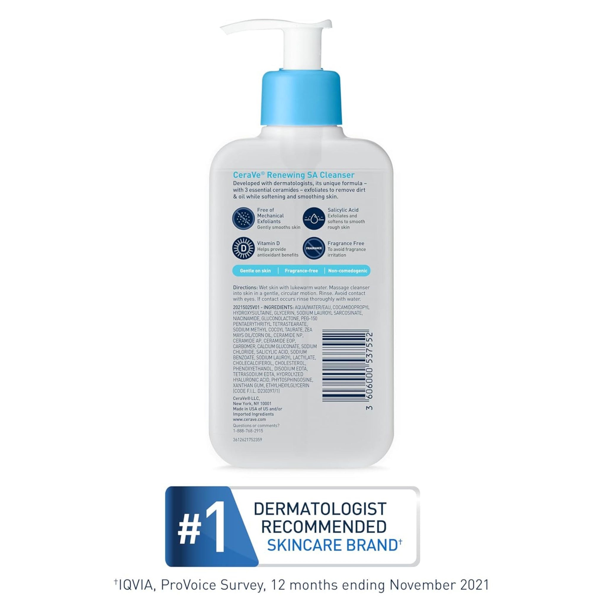 CeraVe Renewing Salicylic Acid Cleanser, Formulated With Hyaluronic Acid, Niacinamide, & Ceramides, Gentle BHA Exfoliating Face Wash Smooths & Softens Skin, Non Comedogenic & Fragrance Free, 8 Ounce