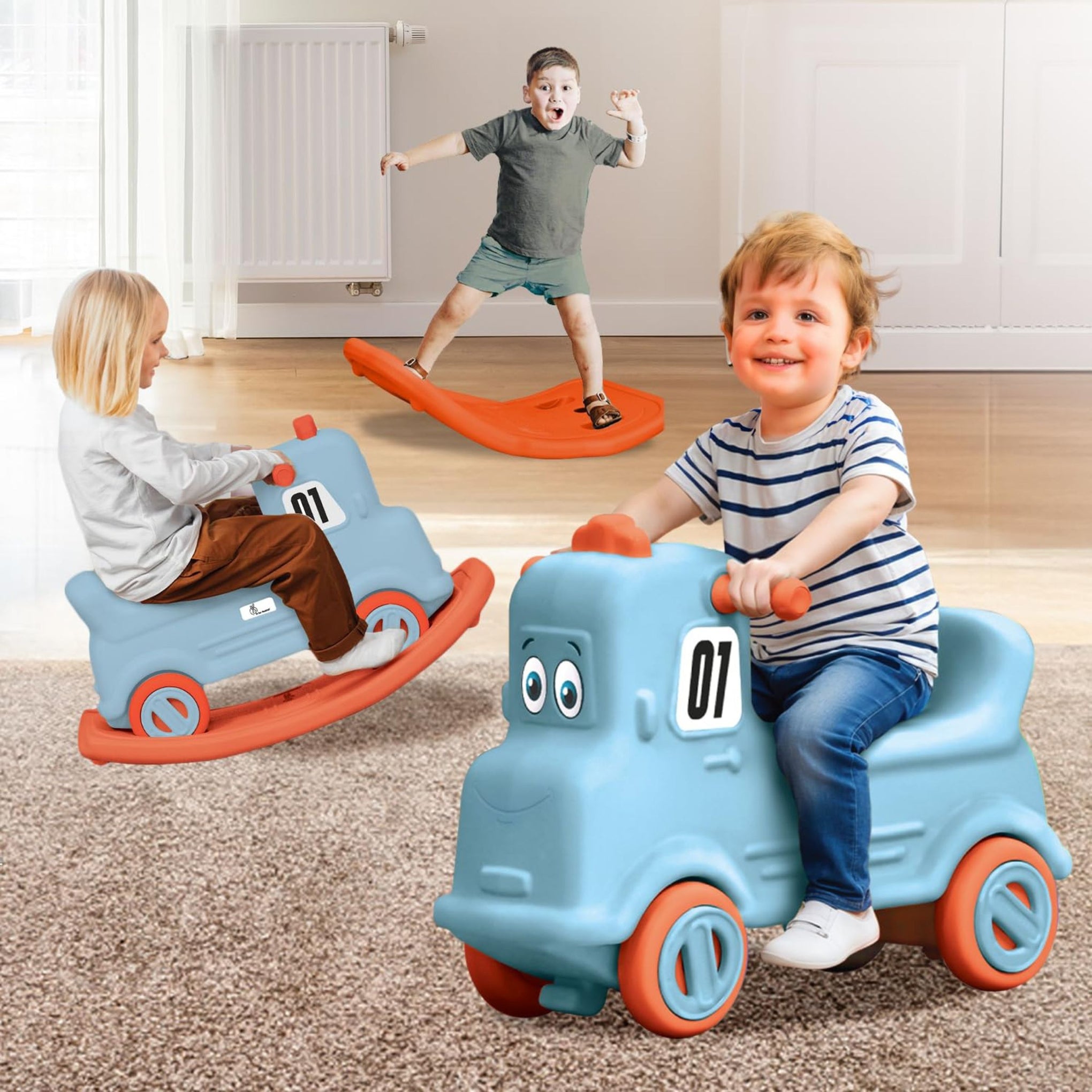 R for Rabbit Rock N Ride 3 in 1 Baby Push Ride-On Car with Rocker & Balance Board Mode | Non-Toxic, Durable and Safe Rocking Horse Rider for Kids 1-4 Years Age, Upto 20kgs Weight (Blue Orange)