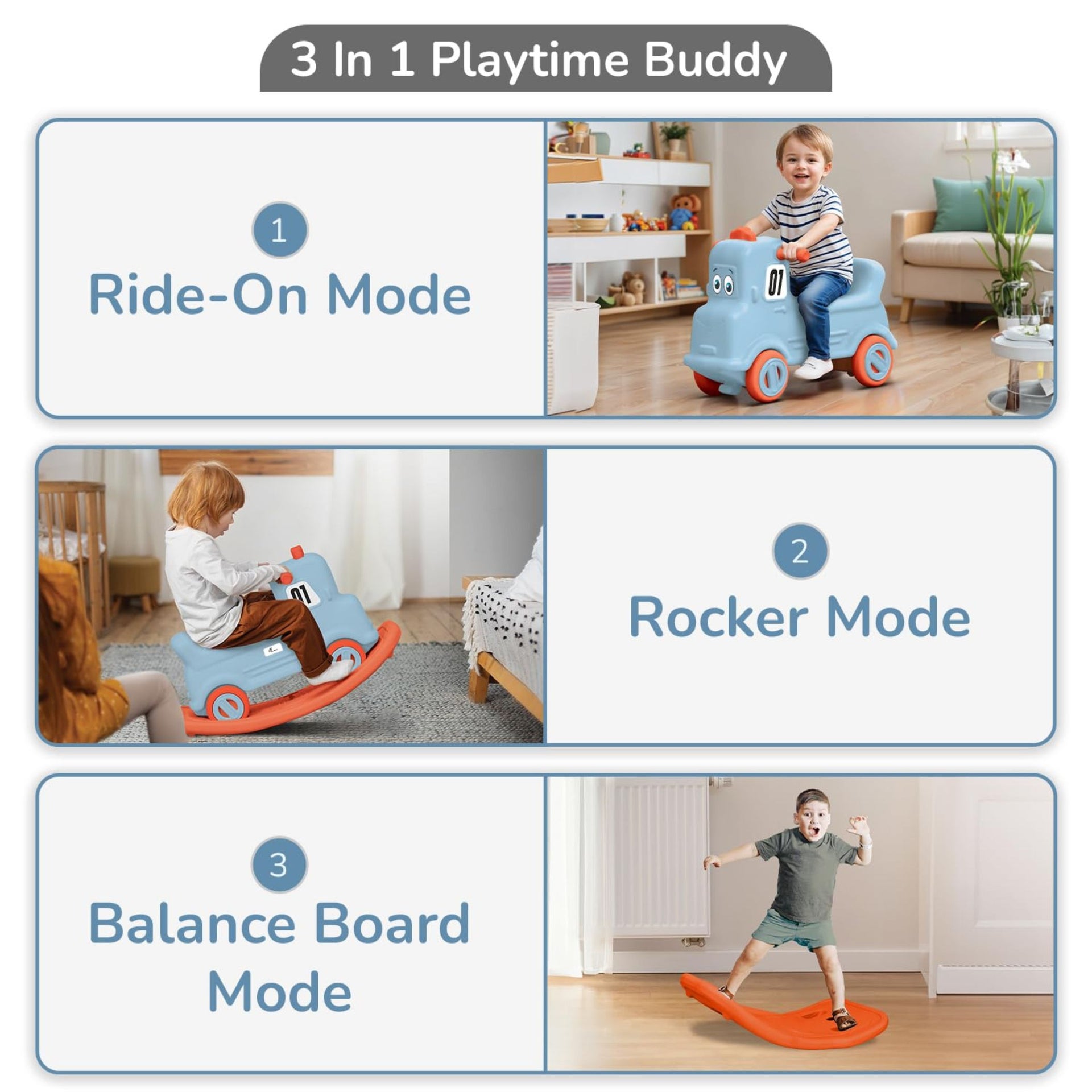 R for Rabbit Rock N Ride 3 in 1 Baby Push Ride-On Car with Rocker & Balance Board Mode | Non-Toxic, Durable and Safe Rocking Horse Rider for Kids 1-4 Years Age, Upto 20kgs Weight (Blue Orange)