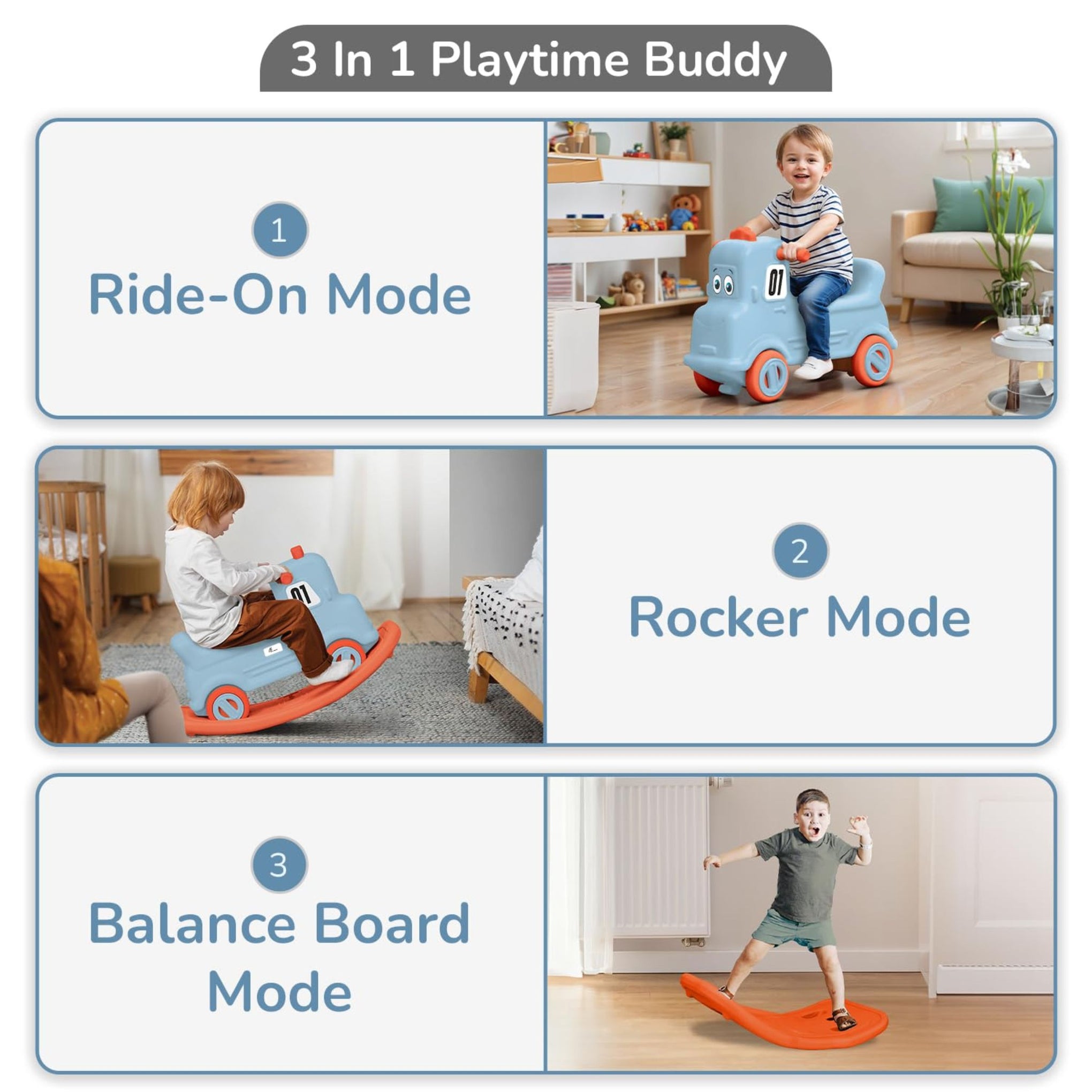 R for Rabbit Rock N Ride 3 in 1 Baby Push Ride-On Car with Rocker & Balance Board Mode | Non-Toxic, Durable and Safe Rocking Horse Rider for Kids 1-4 Years Age, Upto 20kgs Weight (Blue Orange)