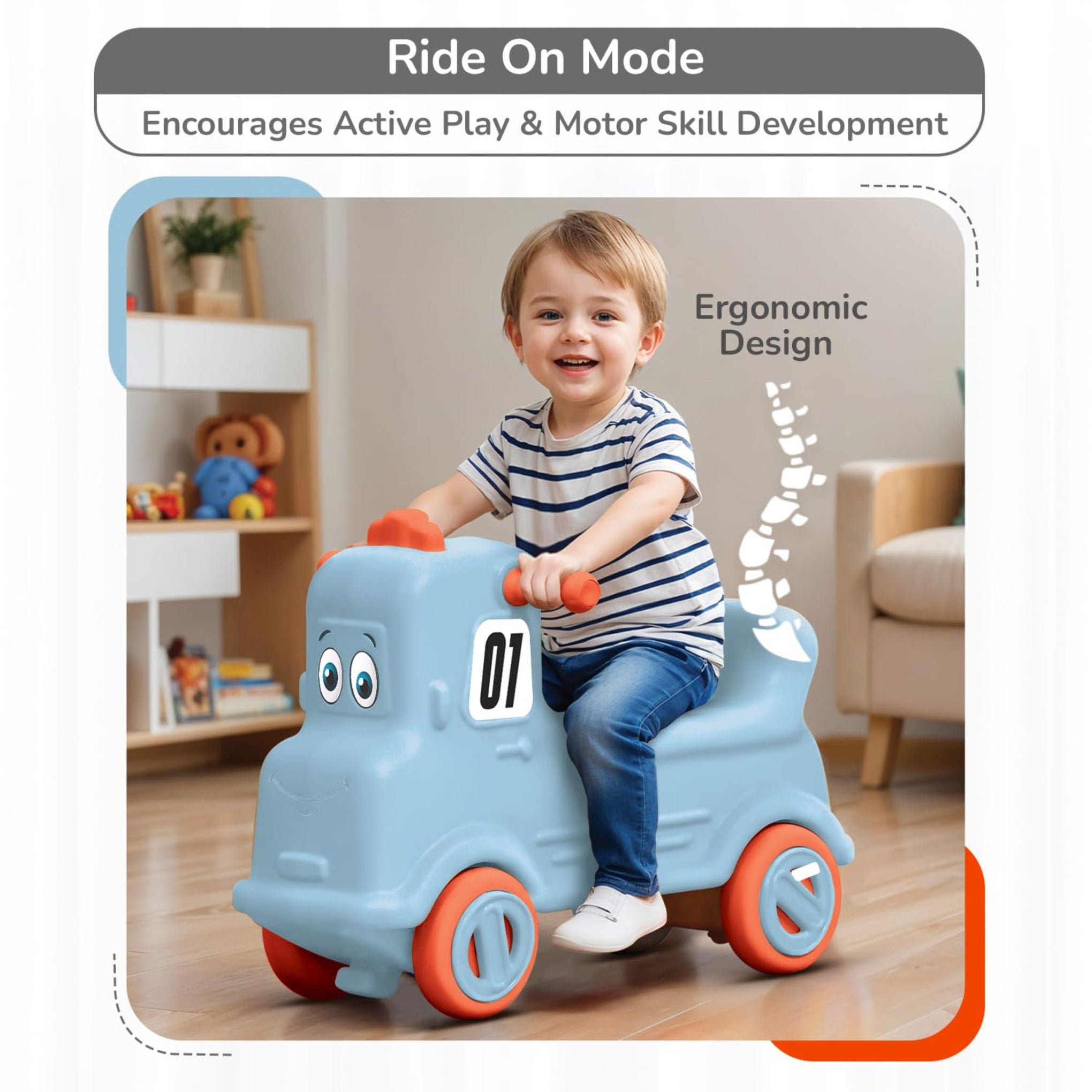 R for Rabbit Rock N Ride 3 in 1 Baby Push Ride-On Car with Rocker & Balance Board Mode | Non-Toxic, Durable and Safe Rocking Horse Rider for Kids 1-4 Years Age, Upto 20kgs Weight (Blue Orange)