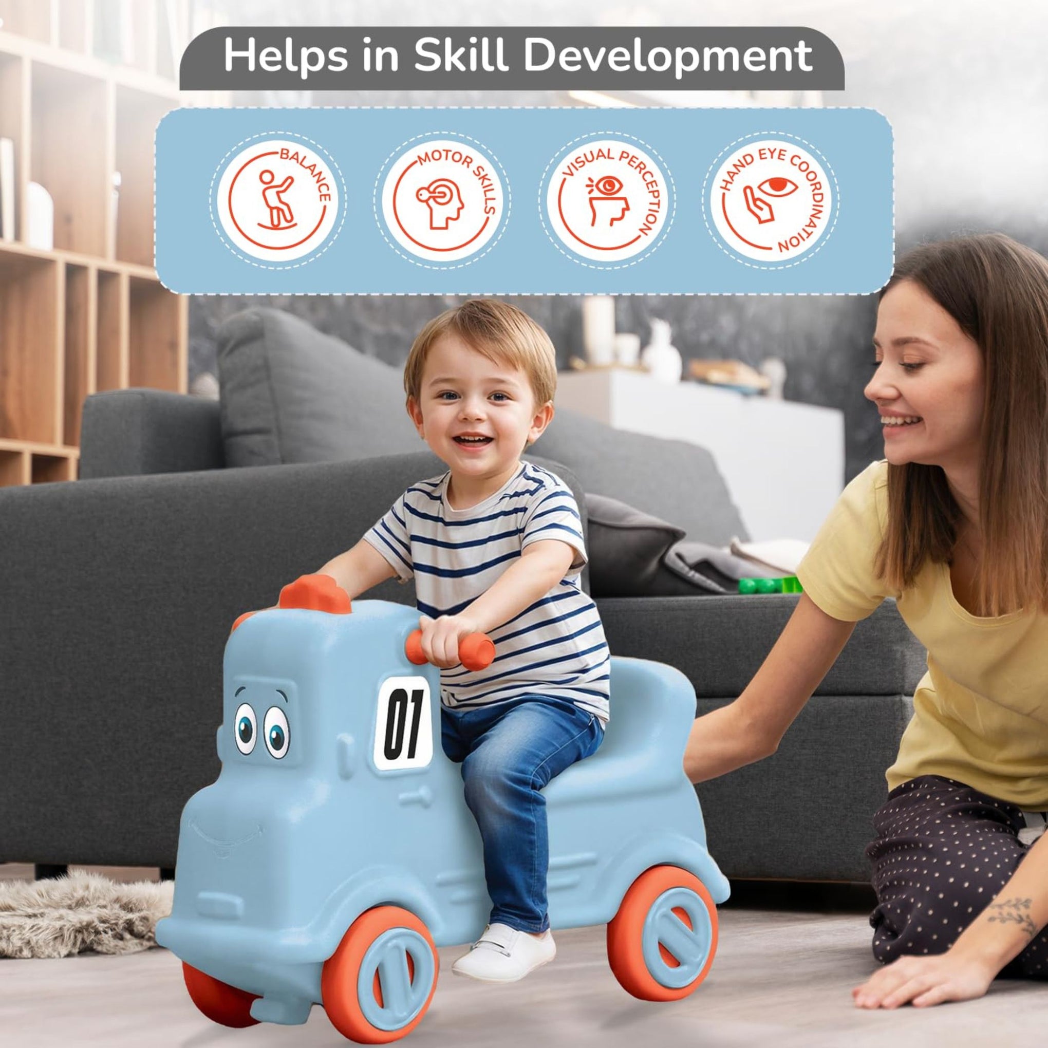 R for Rabbit Rock N Ride 3 in 1 Baby Push Ride-On Car with Rocker & Balance Board Mode | Non-Toxic, Durable and Safe Rocking Horse Rider for Kids 1-4 Years Age, Upto 20kgs Weight (Blue Orange)